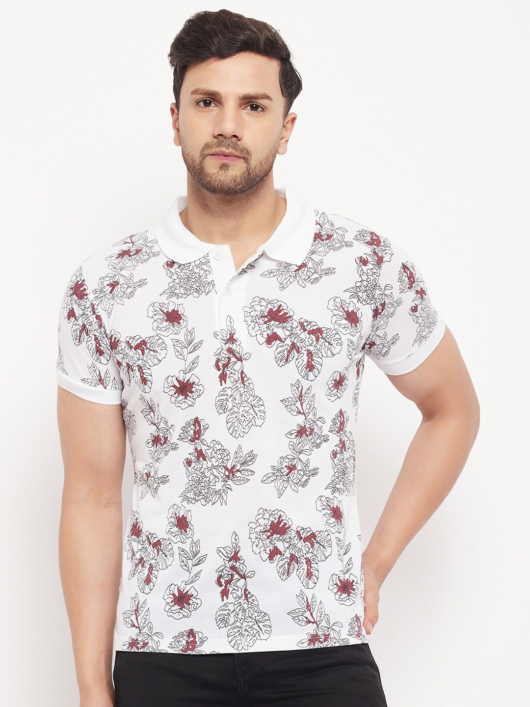 

THE MILLION CLUB Men Printed Polo Collar Cotton T-shirt, White