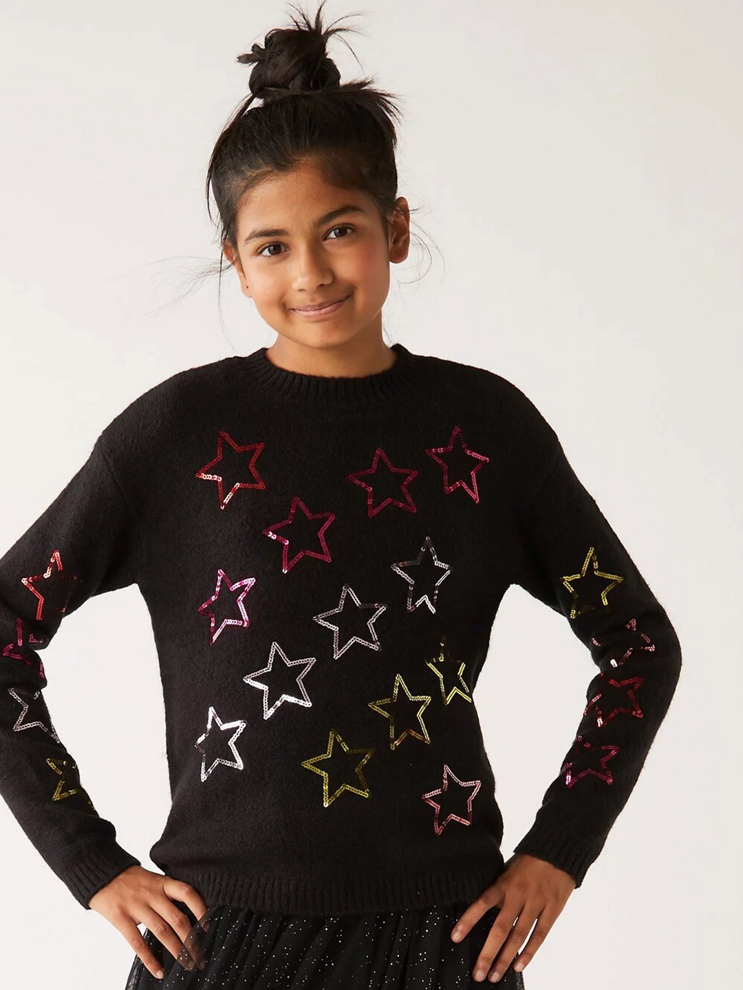 

Marks & Spencer Girls Embellished Round Neck Acrylic Pullover Sweater, Black