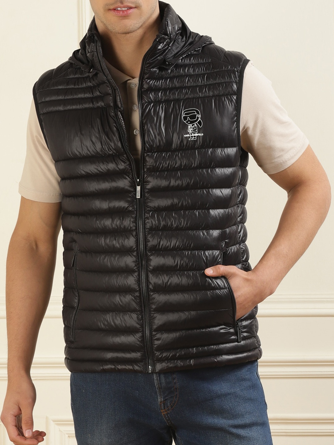 

Karl Lagerfeld Men Striped Hooded Puffer Jacket, Black