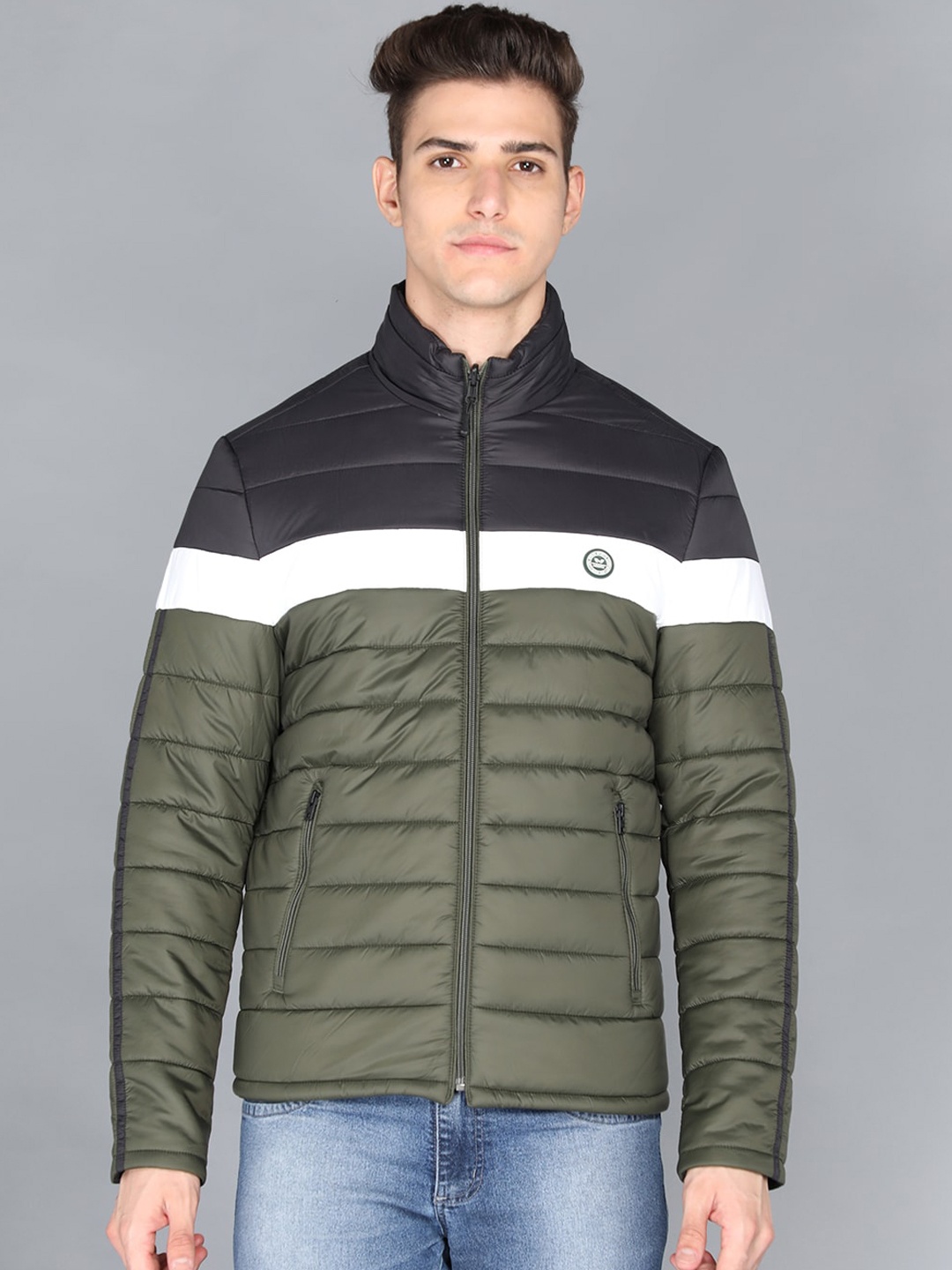 

LURE URBAN Men Colourblocked Puffer Jacket, Olive