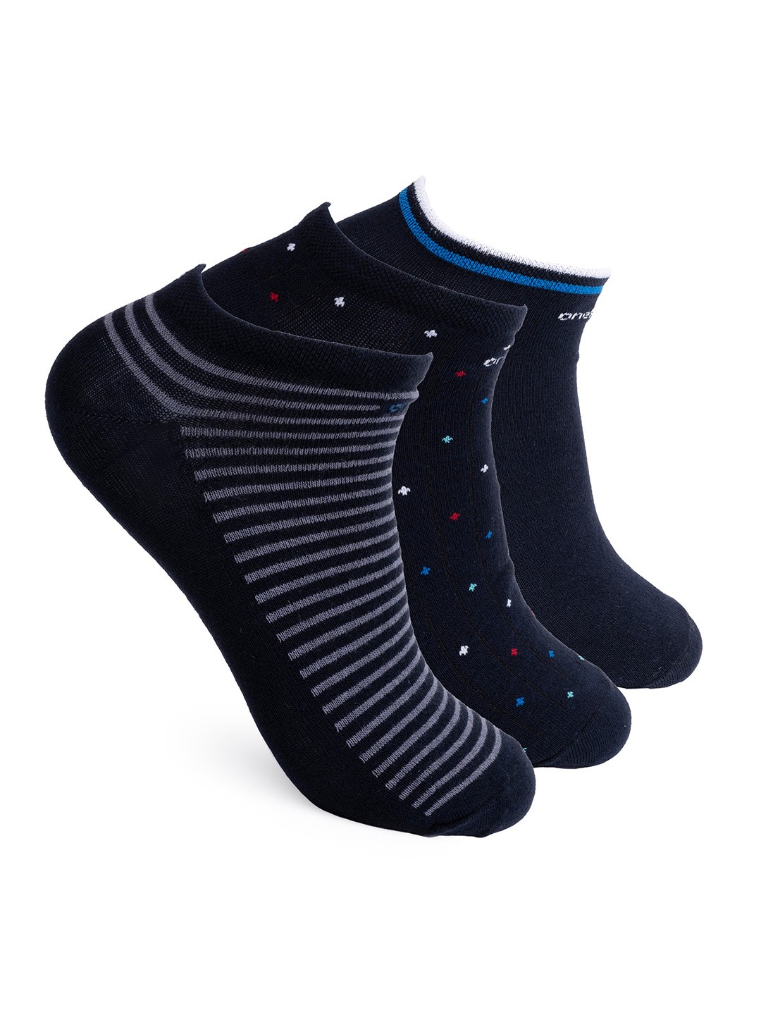 

One8 Men Pack Of 3 Patterned Cotton Anti-Microbial Ankle-Length Socks, Navy blue