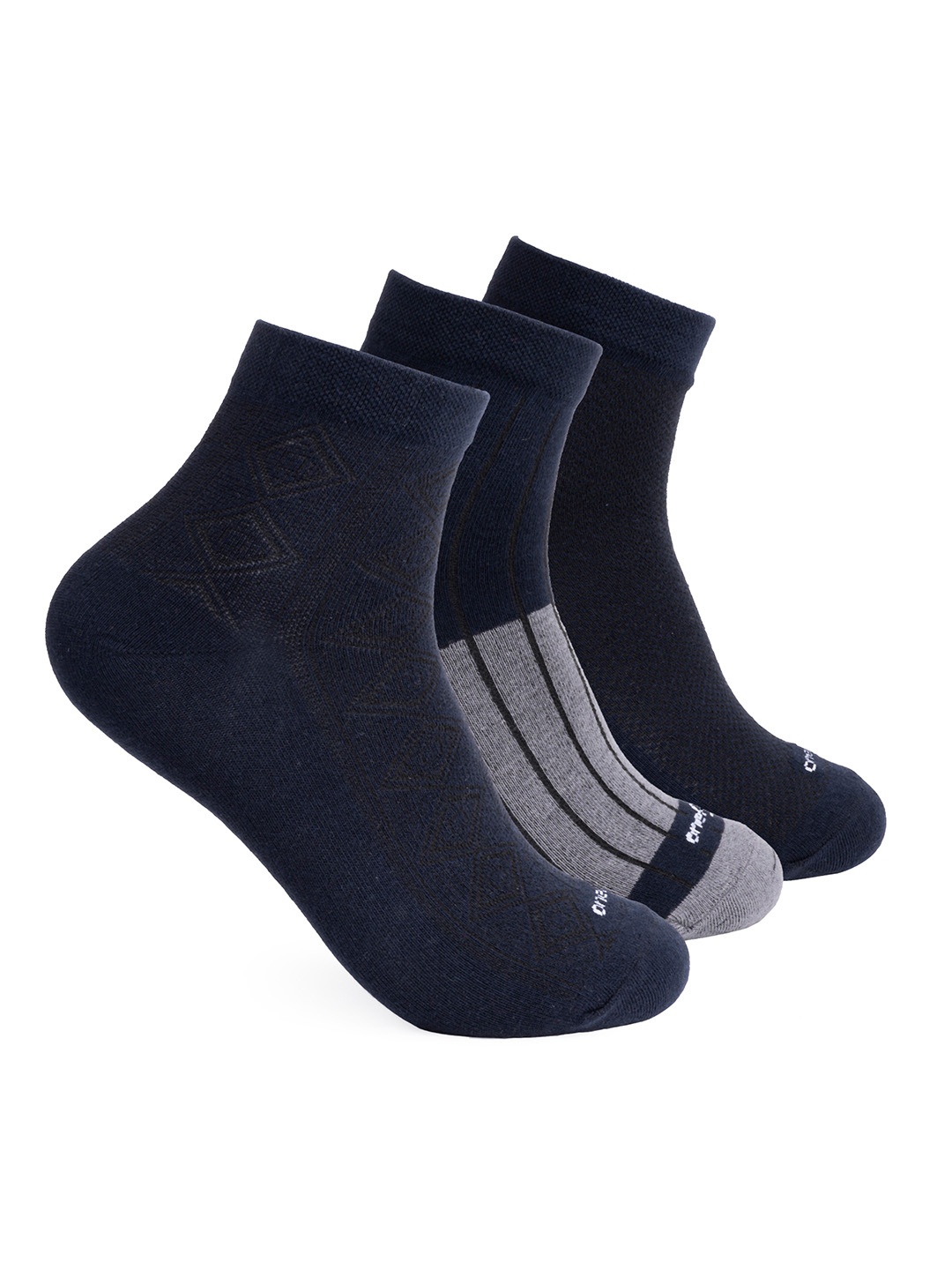 

One8 Men Pack Of 3 Patterned Cotton Anti-Microbial Ankle-Length Socks, Navy blue