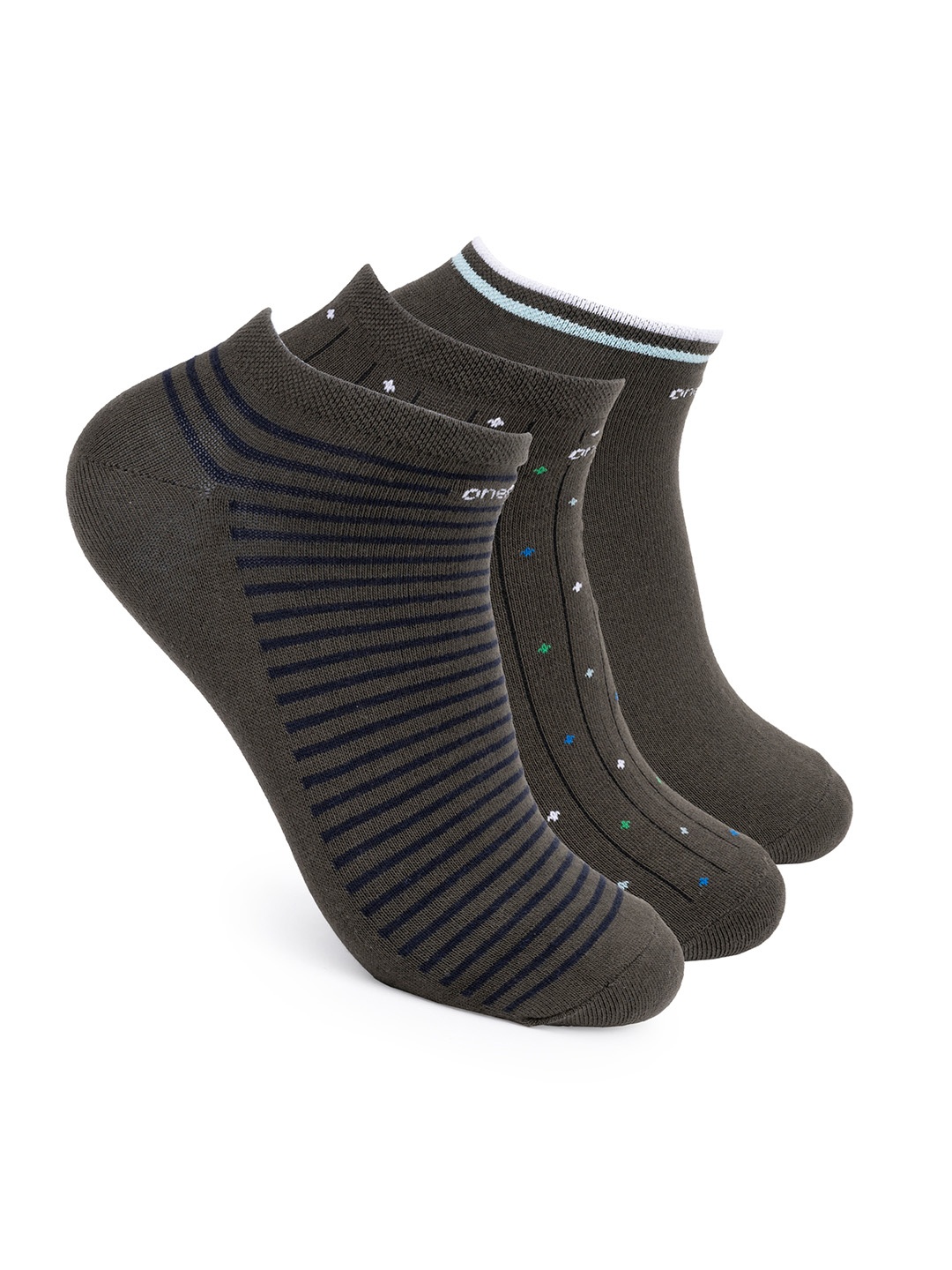 

One8 Men Pack Of 3 Patterned Cotton Anti-Microbial Ankle-Length Socks, Olive