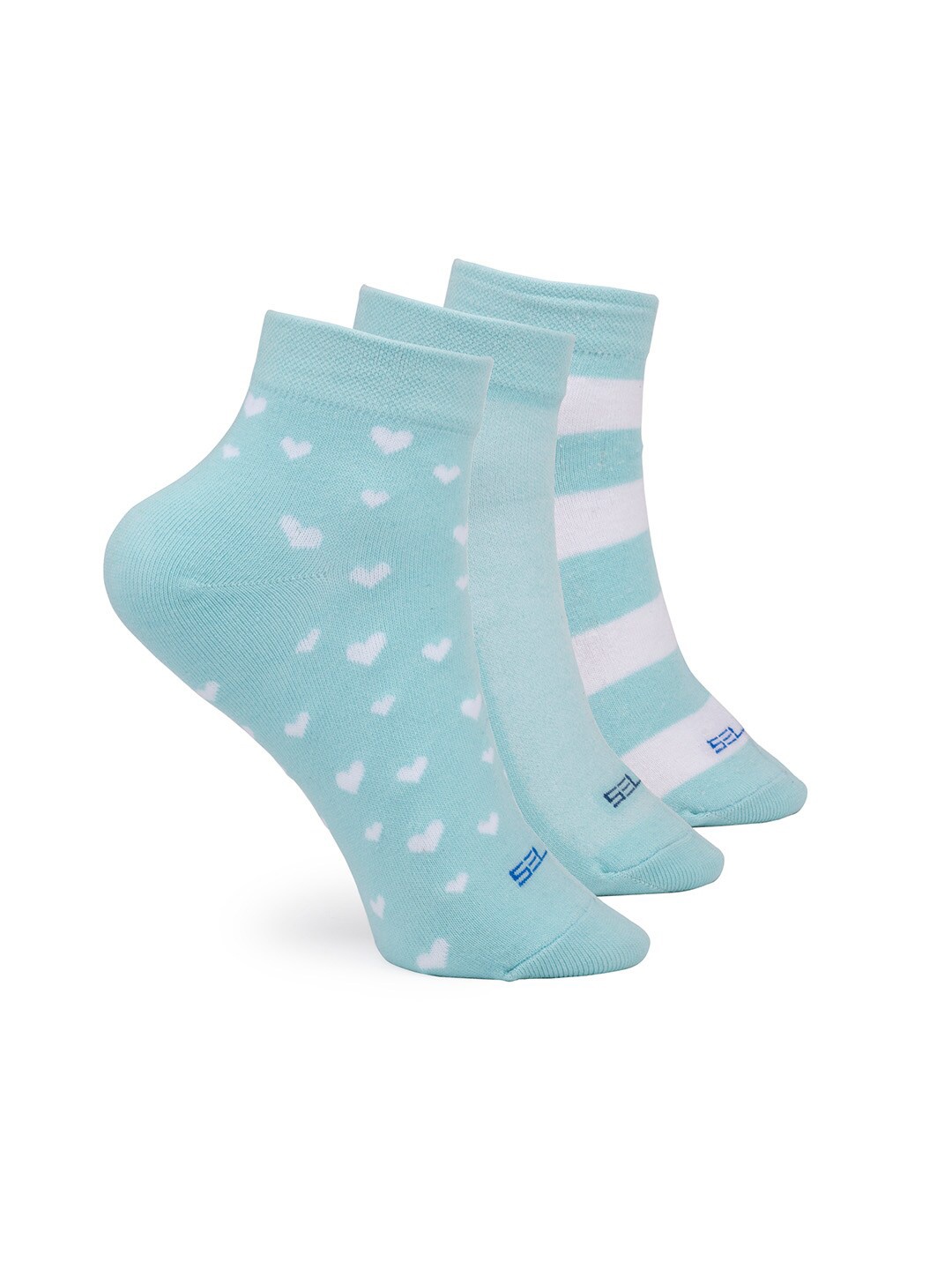 

FOOTONS Women Pack Of 3 Patterned Anti-Bacterial Ankle-Length Cotton Socks, Blue