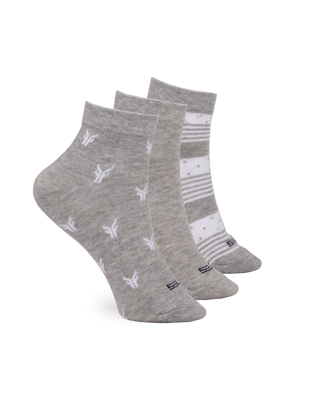 

FOOTONS Women Pack Of 3 Patterned Cotton Anti-Bacterial Ankle-Length Socks, Grey