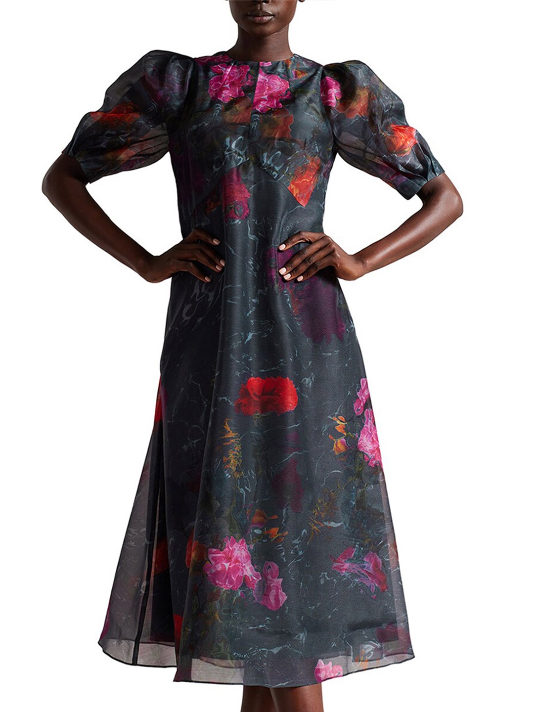 

Ted Baker Floral Printed Puff Sleeves A-Line Dress, Charcoal