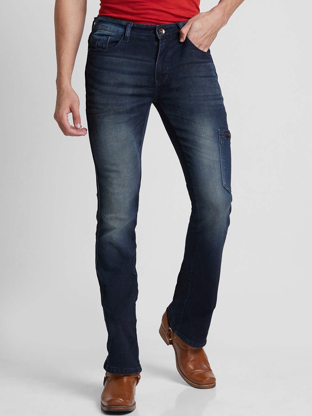 

mode de base Men Bootcut Low Distress Heavy Fade Stretchable Jeans, Navy blue
