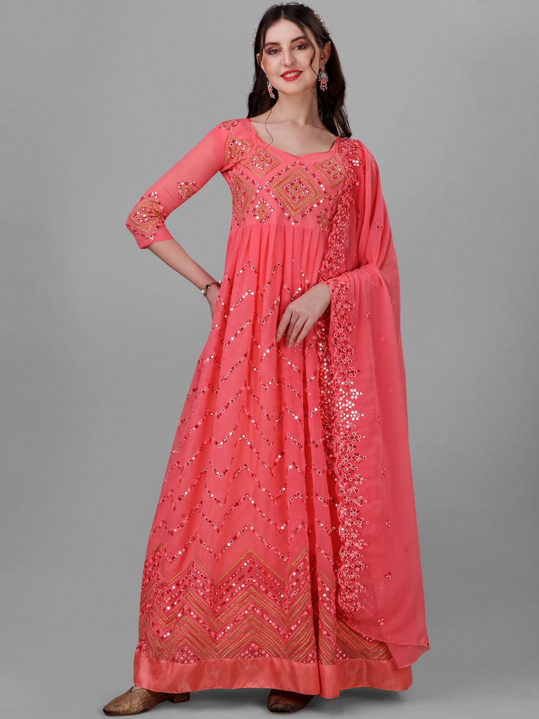 

Angroop Women Embellished Mirror Work Georgette Anarkali Kurta, Pink