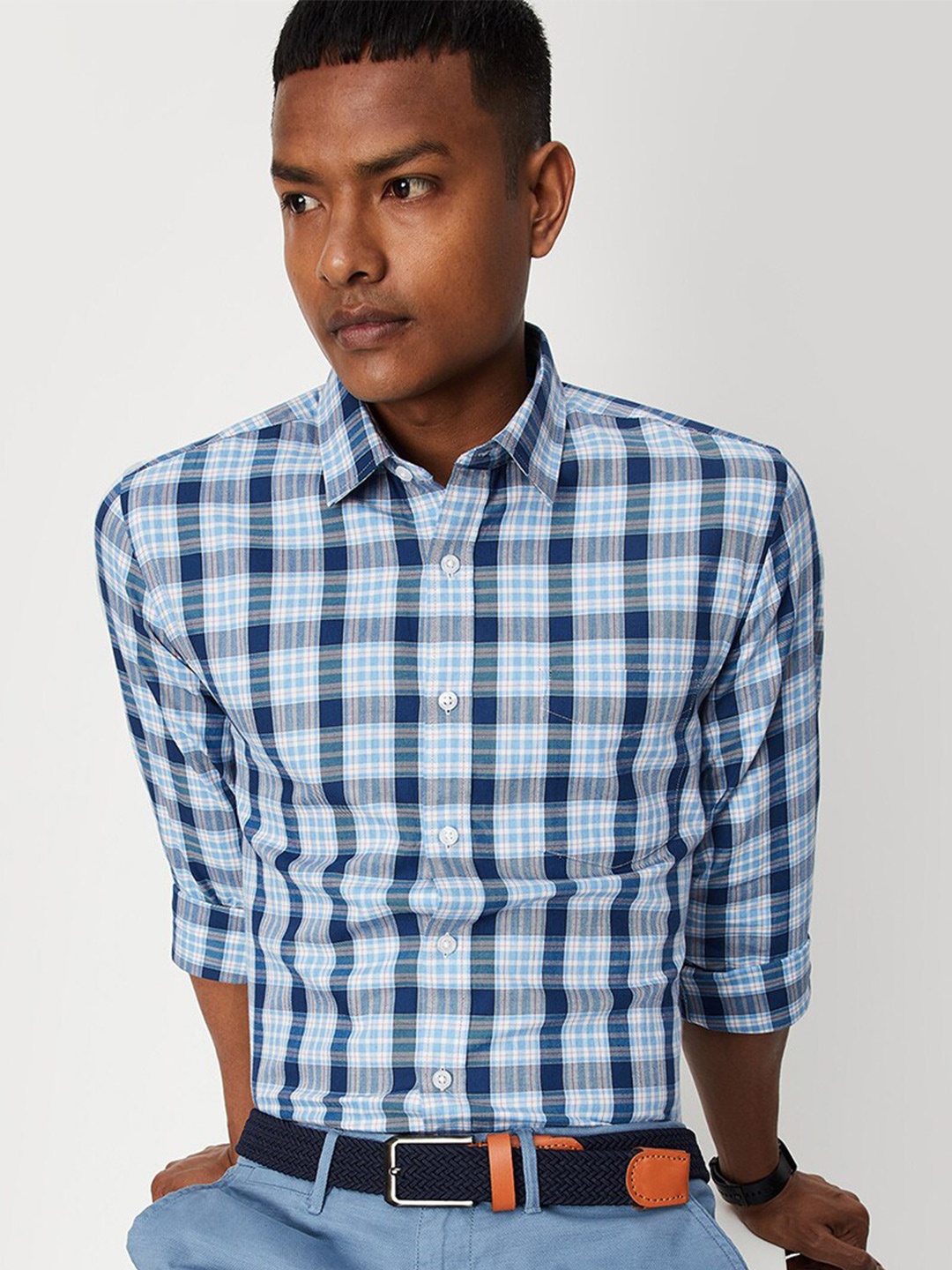 

max Men Tartan Checks Casual Pure Cotton Shirt, Blue