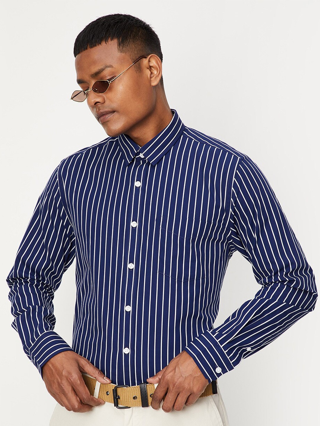 

max Men Vertical Stripes Casual Pure Cotton Shirt, Blue