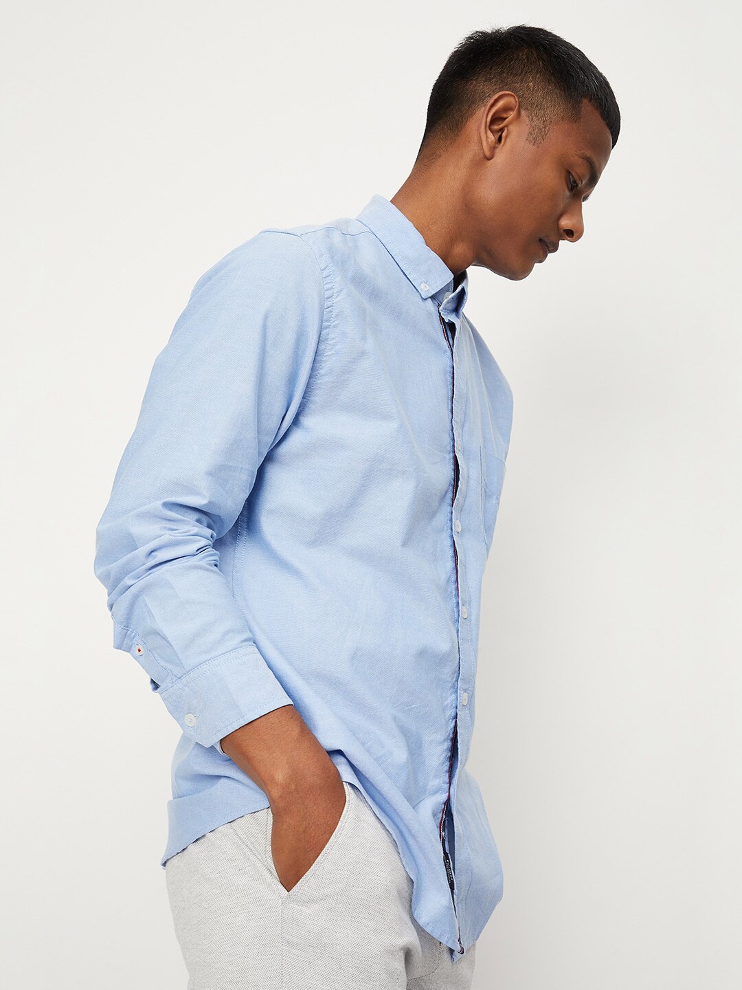 

max Men Button-Down Collar Pure Cotton Formal Shirt, Blue
