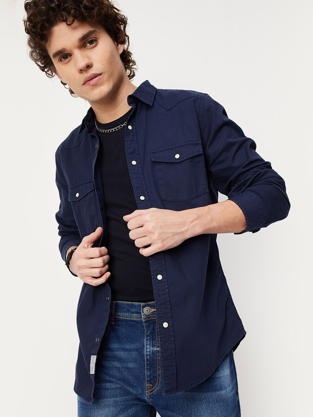 

max Men Long Sleeves Pure Cotton Casual Shirt, Navy blue