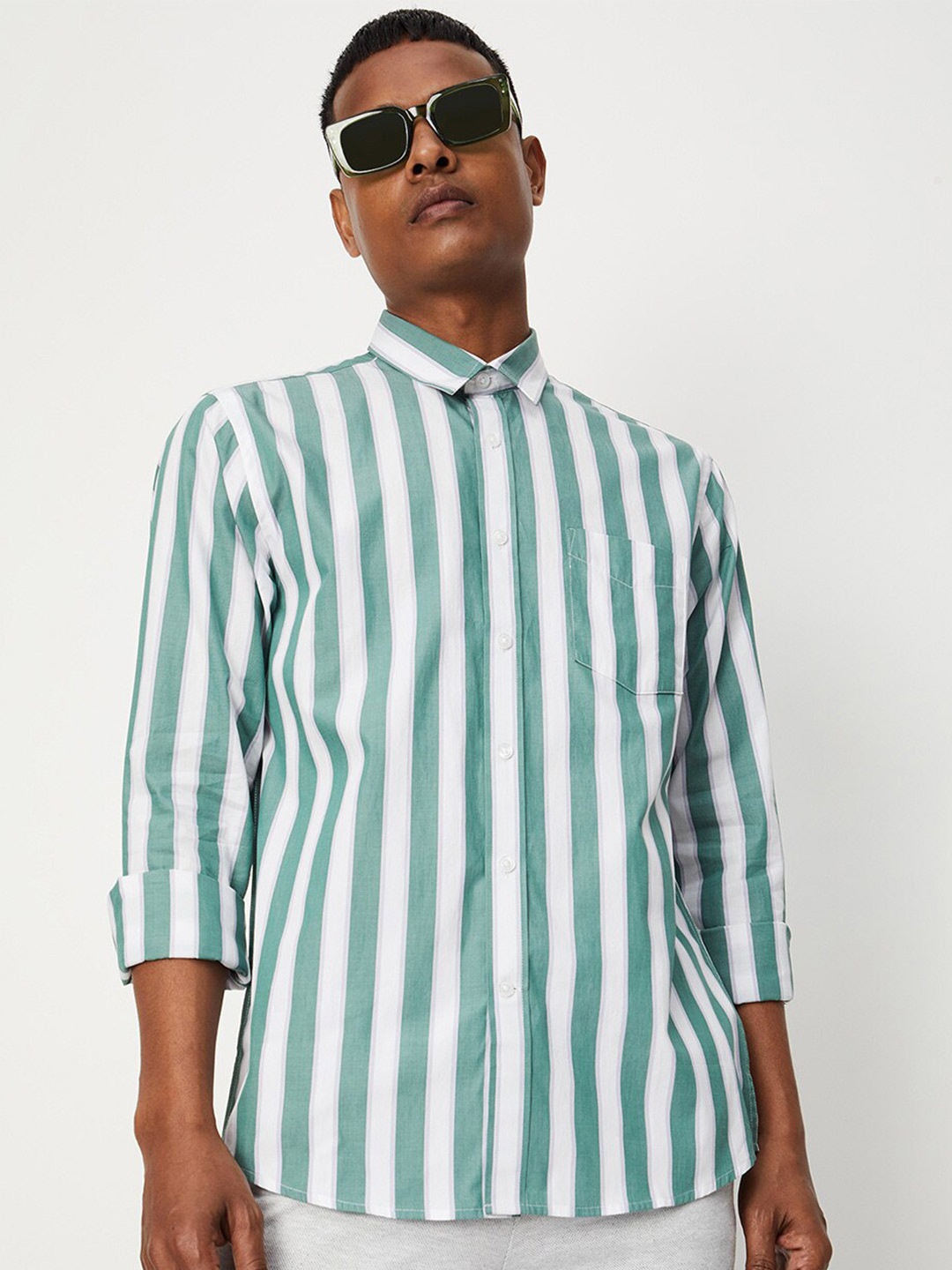 

max Men Striped Pure Cotton Casual Shirt, Green