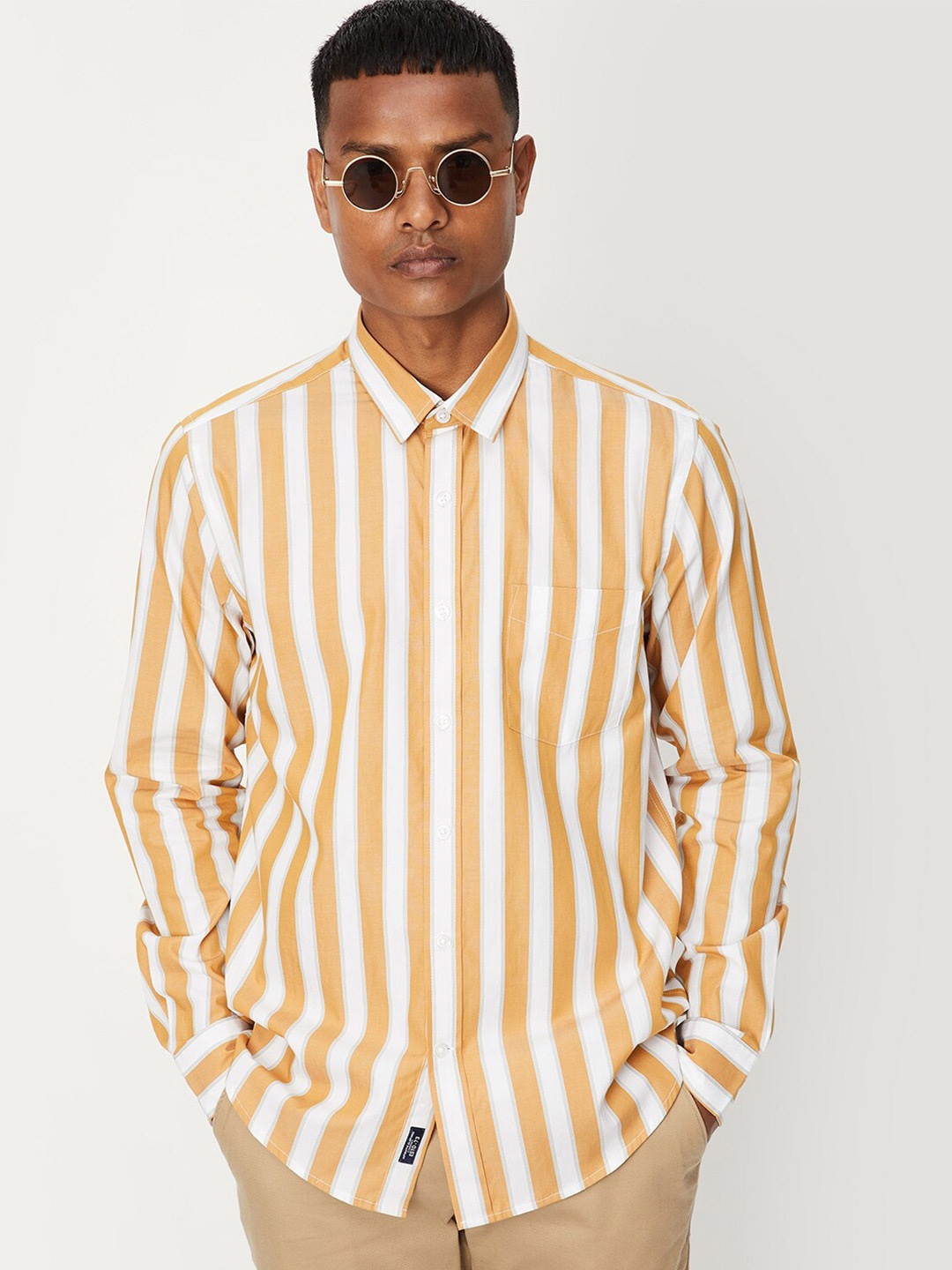 

max Men Striped Pure Cotton Casual Shirt, Mustard