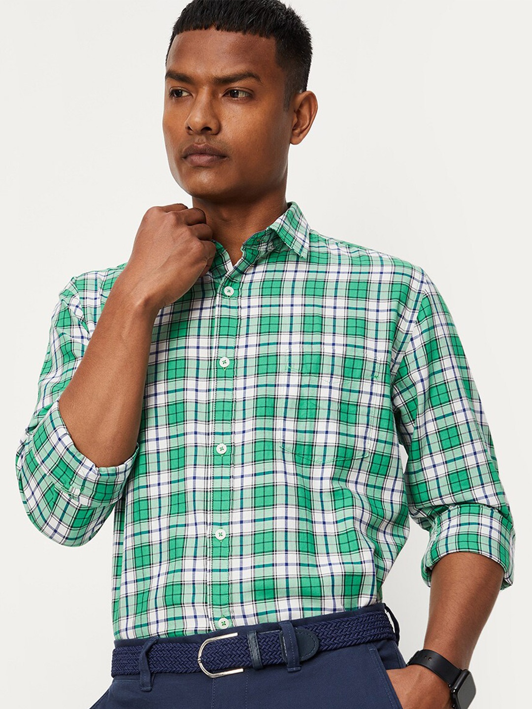 

max Men Tartan Checks Casual Pure Cotton Shirt, Green