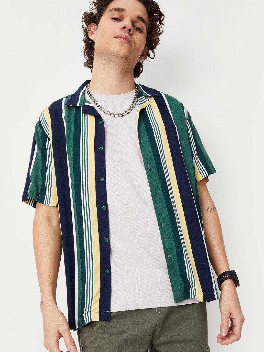 

max Men Striped Casual Shirt, Green