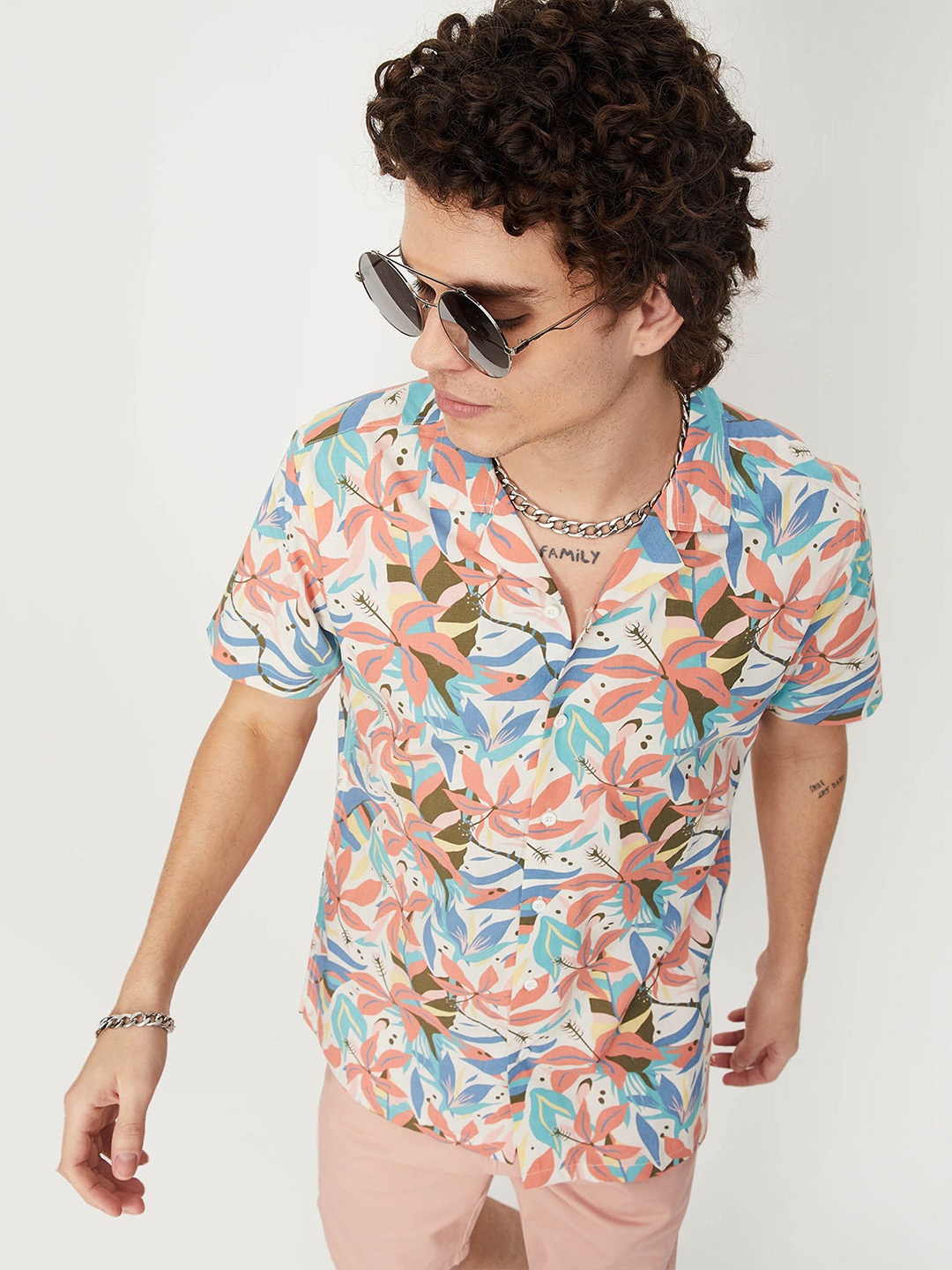 

max Men Floral Printed Casual Pure Cotton Shirt, White