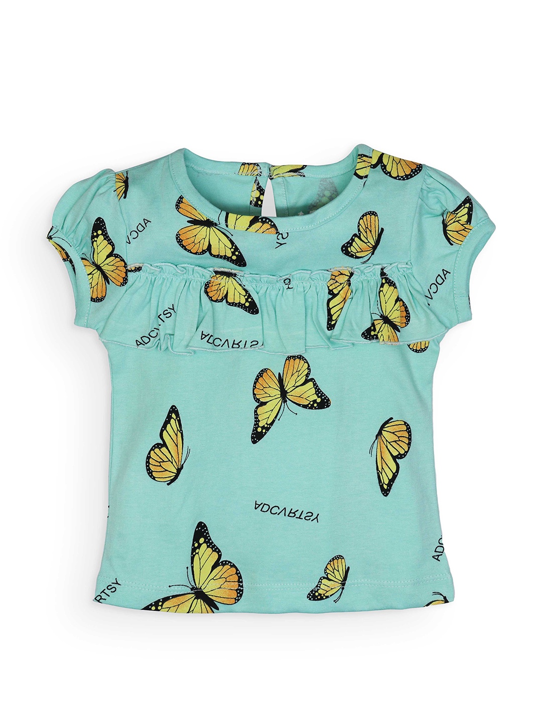 

Little Carrot Conversational Printed Ruffles Cotton Top, Turquoise blue
