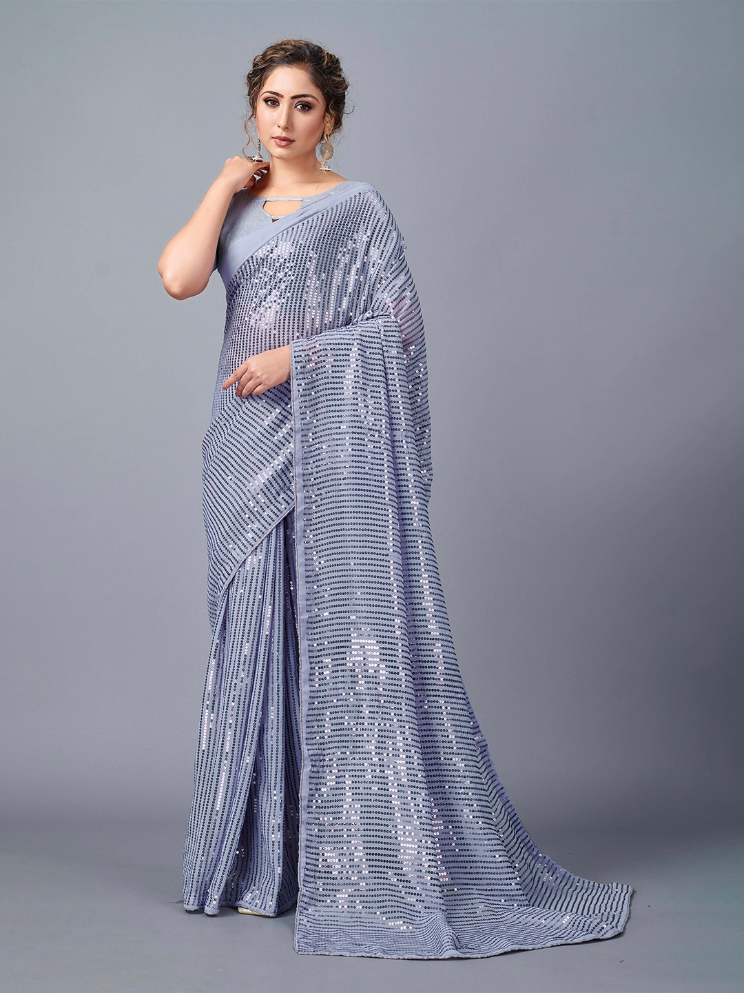 

Fashion FRICKS Embellished Sequinned Saree, Grey