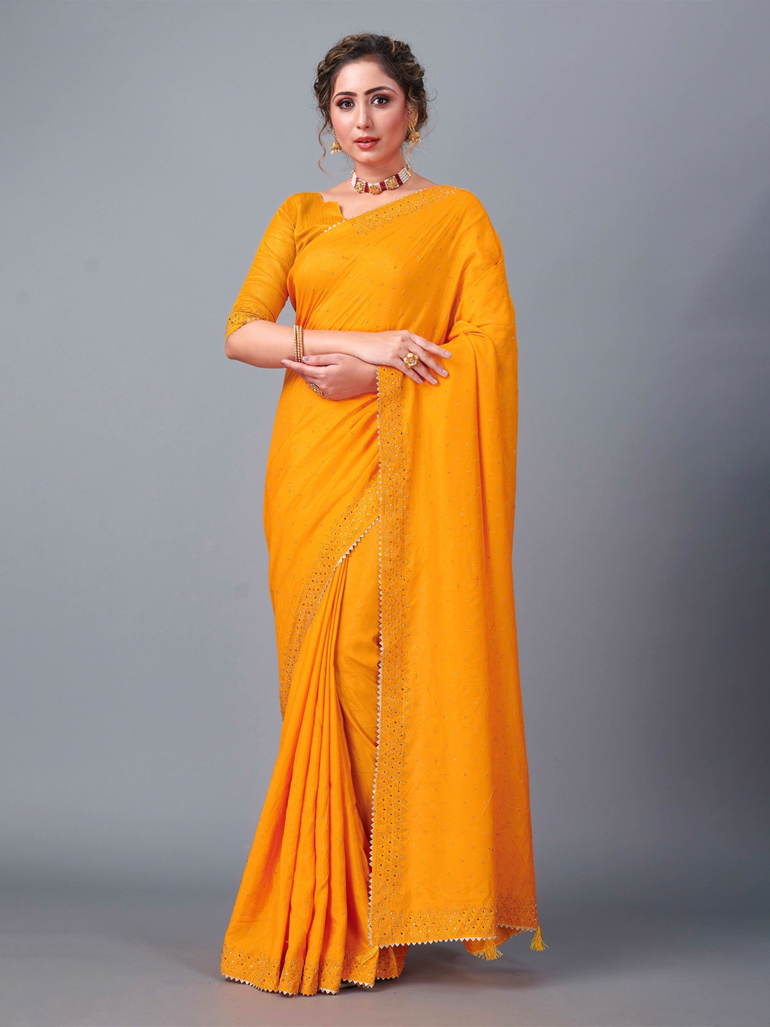 

Fashion FRICKS Embellished Beads & Stones Saree, Yellow