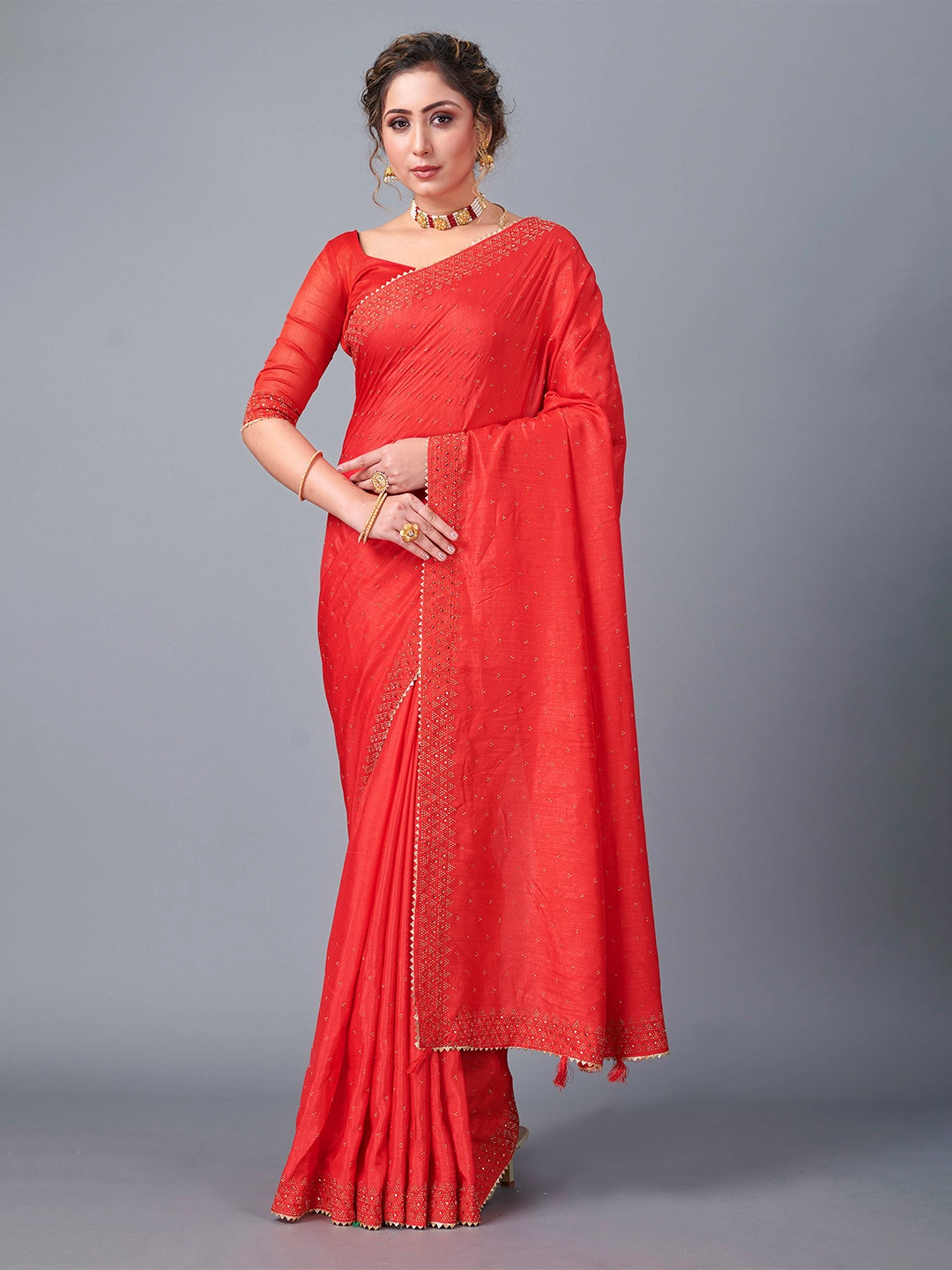

Fashion FRICKS Embellished Beads & Stones Saree, Red