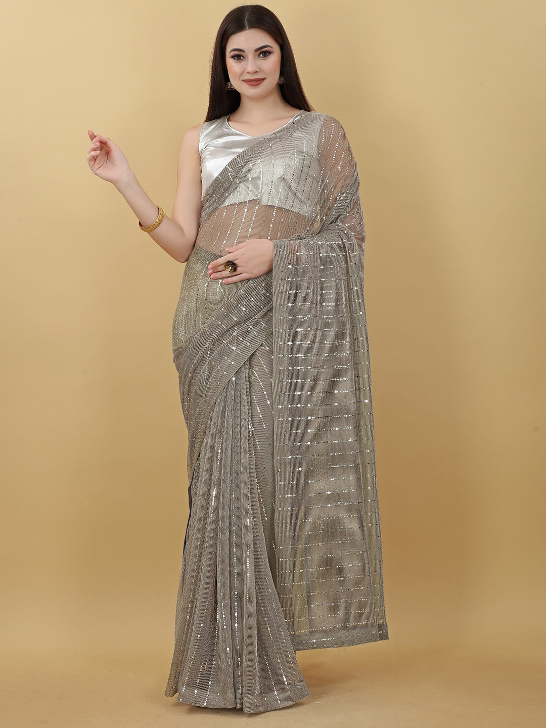

Fashion FRICKS Embellished Sequinned Saree, Brown