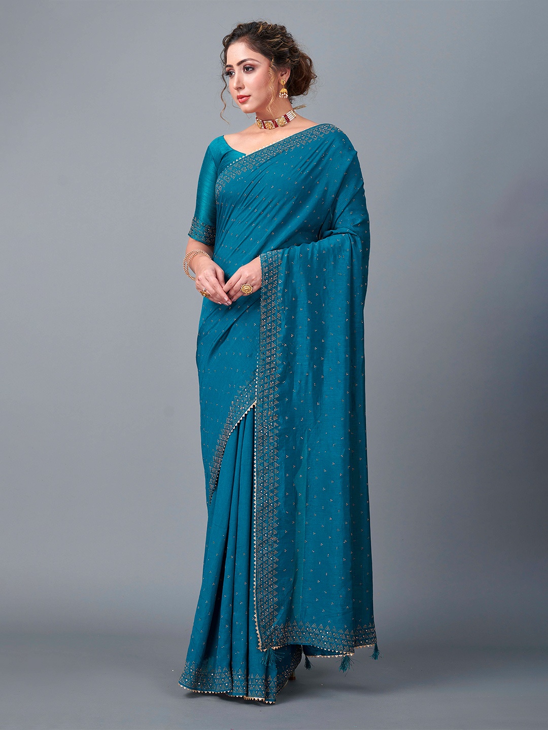 

Fashion FRICKS Embellished Beads and Stones Saree, Turquoise blue