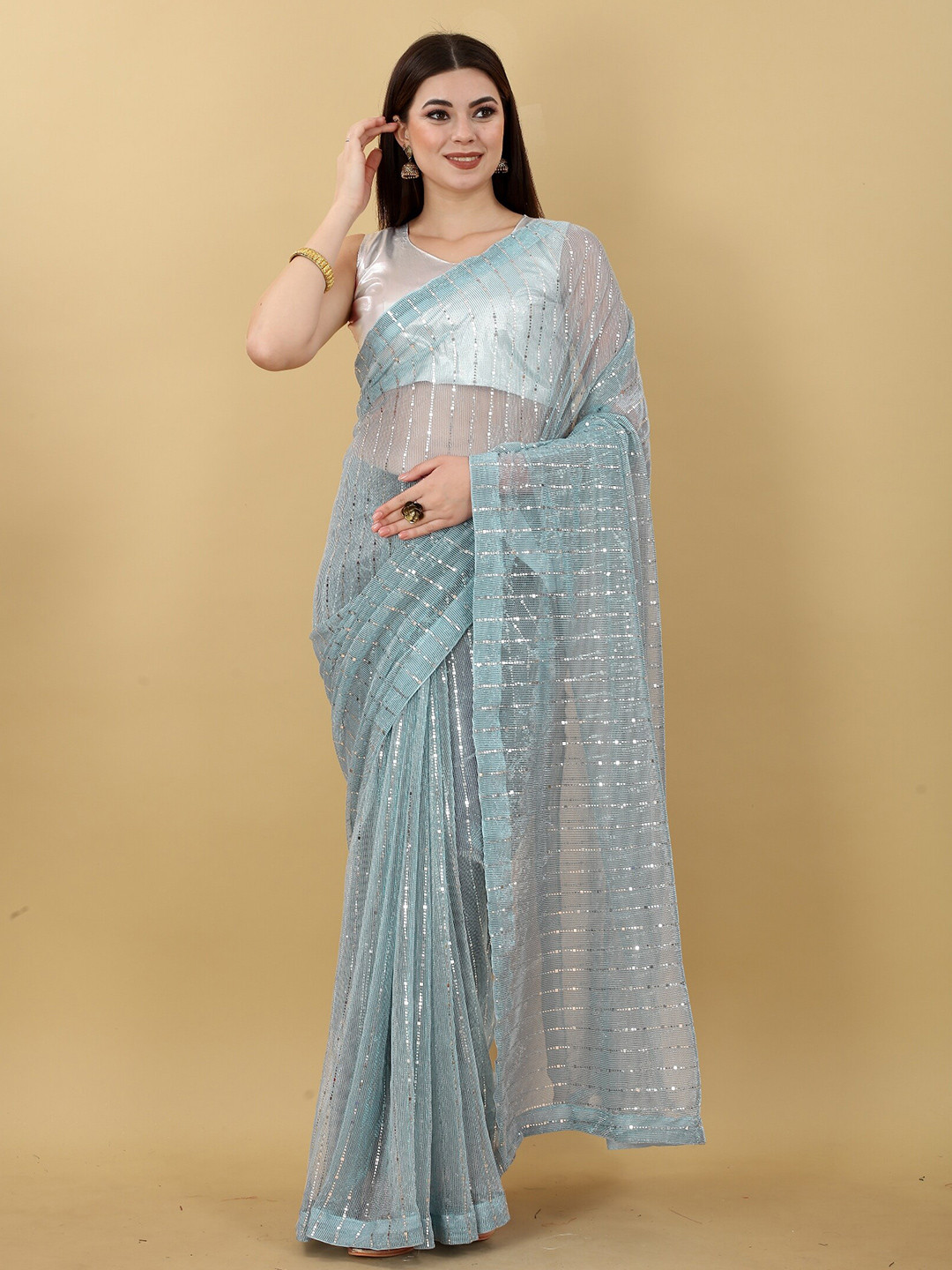 

Fashion FRICKS Embellished Sequinned Saree, Sea green