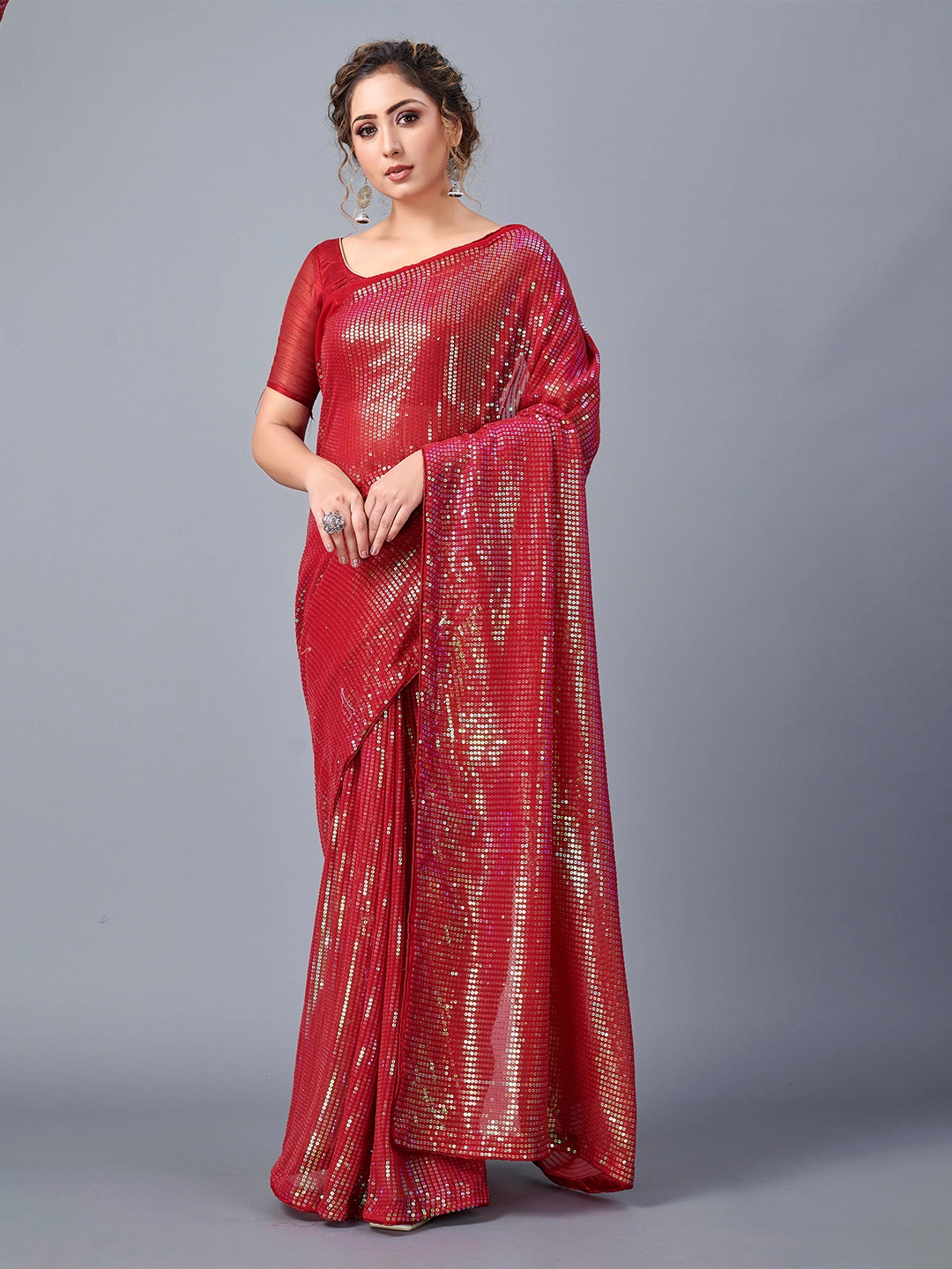 

Fashion FRICKS Sequinned Silk Blend Saree, Red