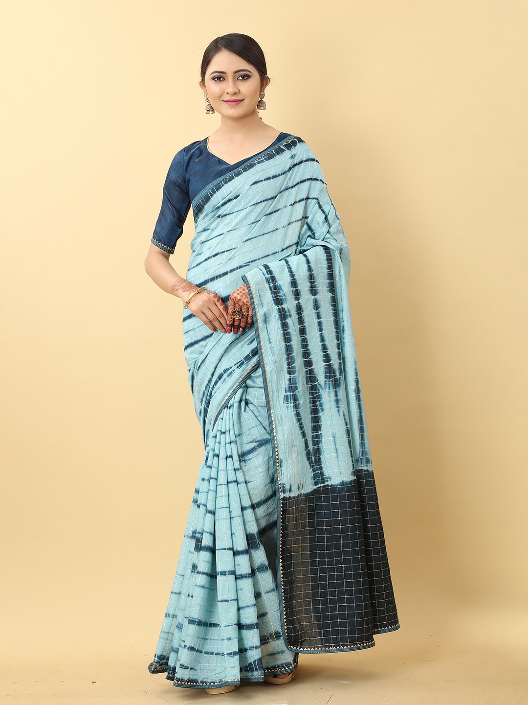 

Fashion FRICKS Checked Zari Saree, Turquoise blue