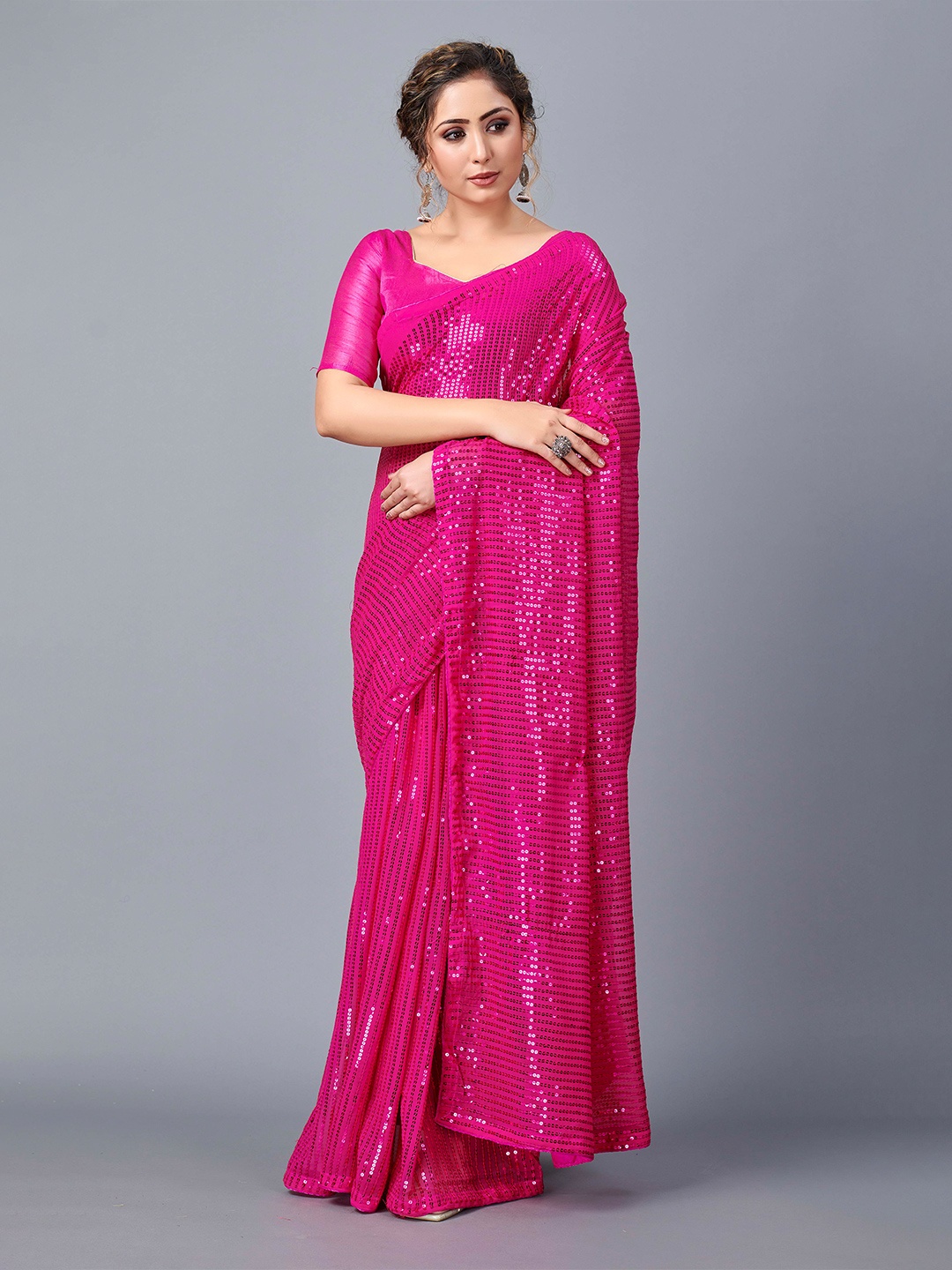 

Fashion FRICKS Sequinned Saree, Pink