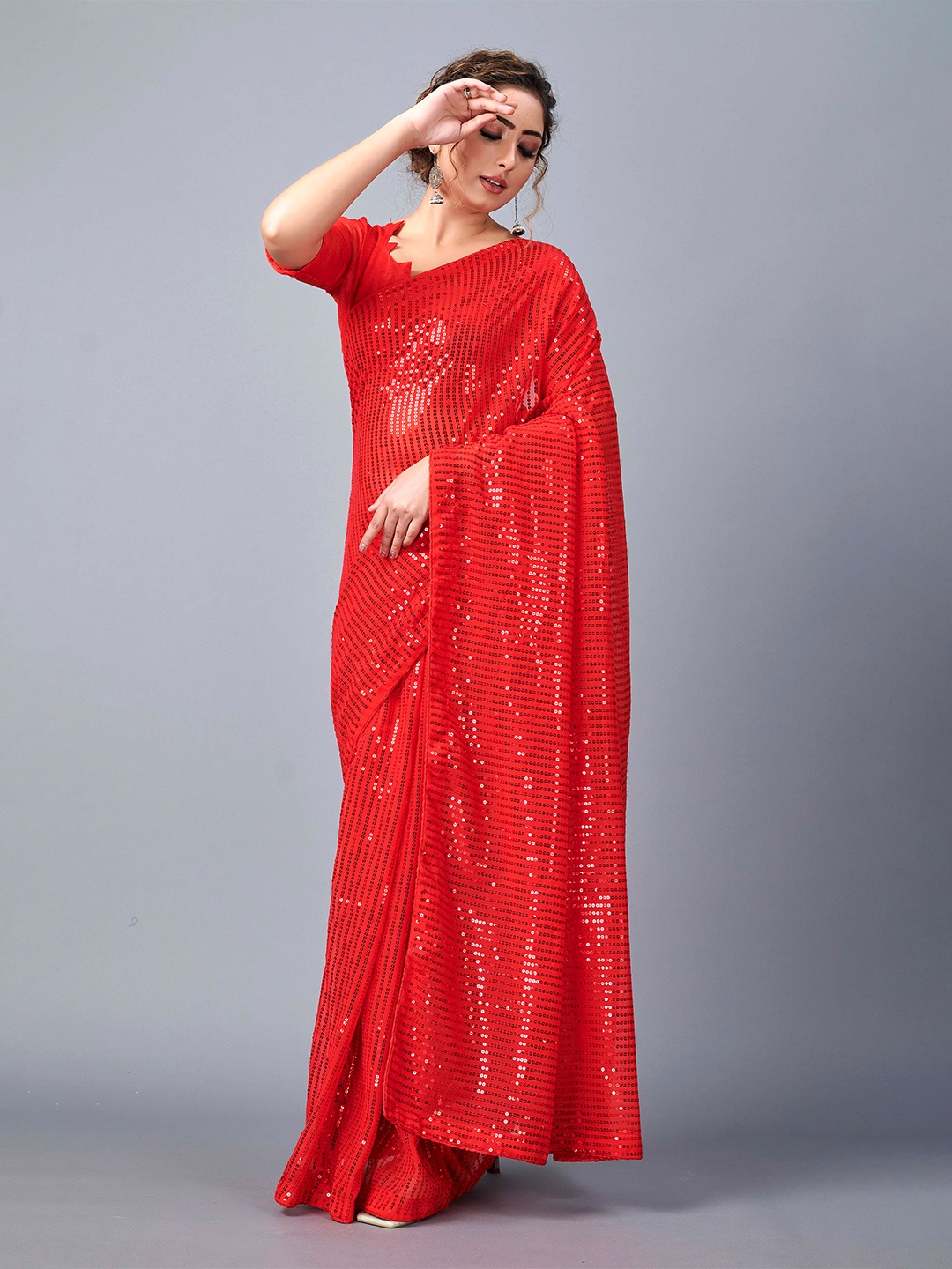 

Fashion FRICKS Sequinned Saree, Red