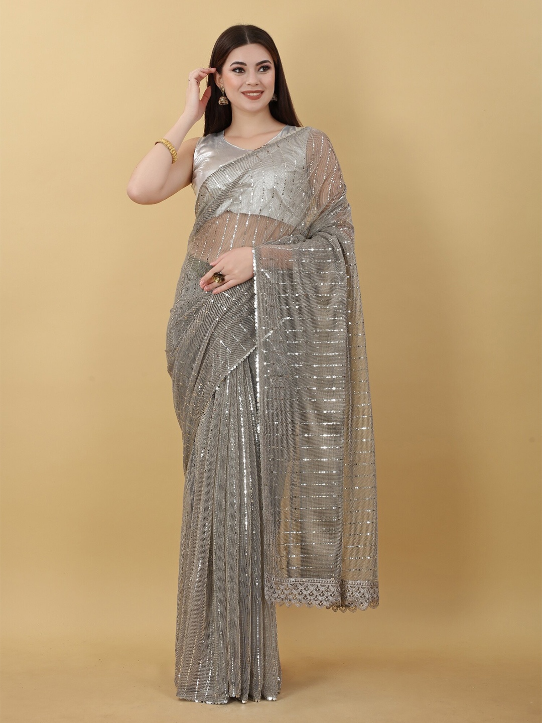 

Fashion FRICKS Sequinned Saree, Brown