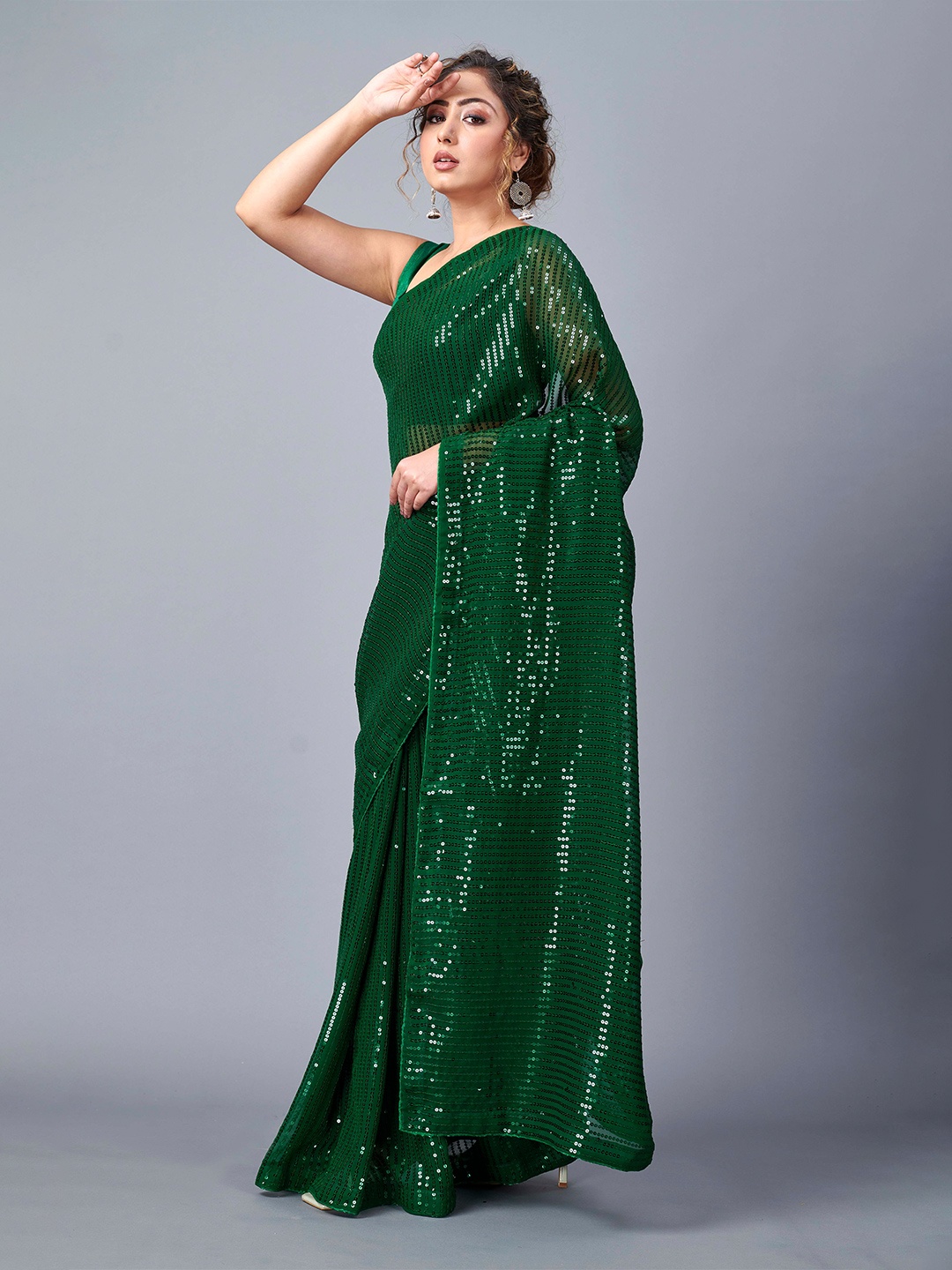 

Fashion FRICKS Embellished Sequinned Silk Blend Saree, Green