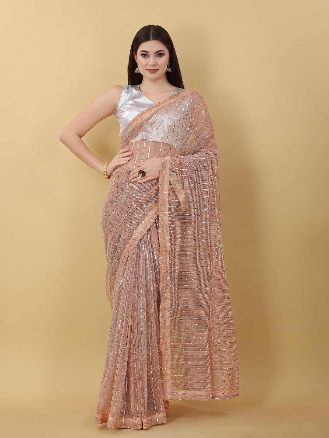 

Fashion FRICKS Embellished Beads and Stones Saree, Peach