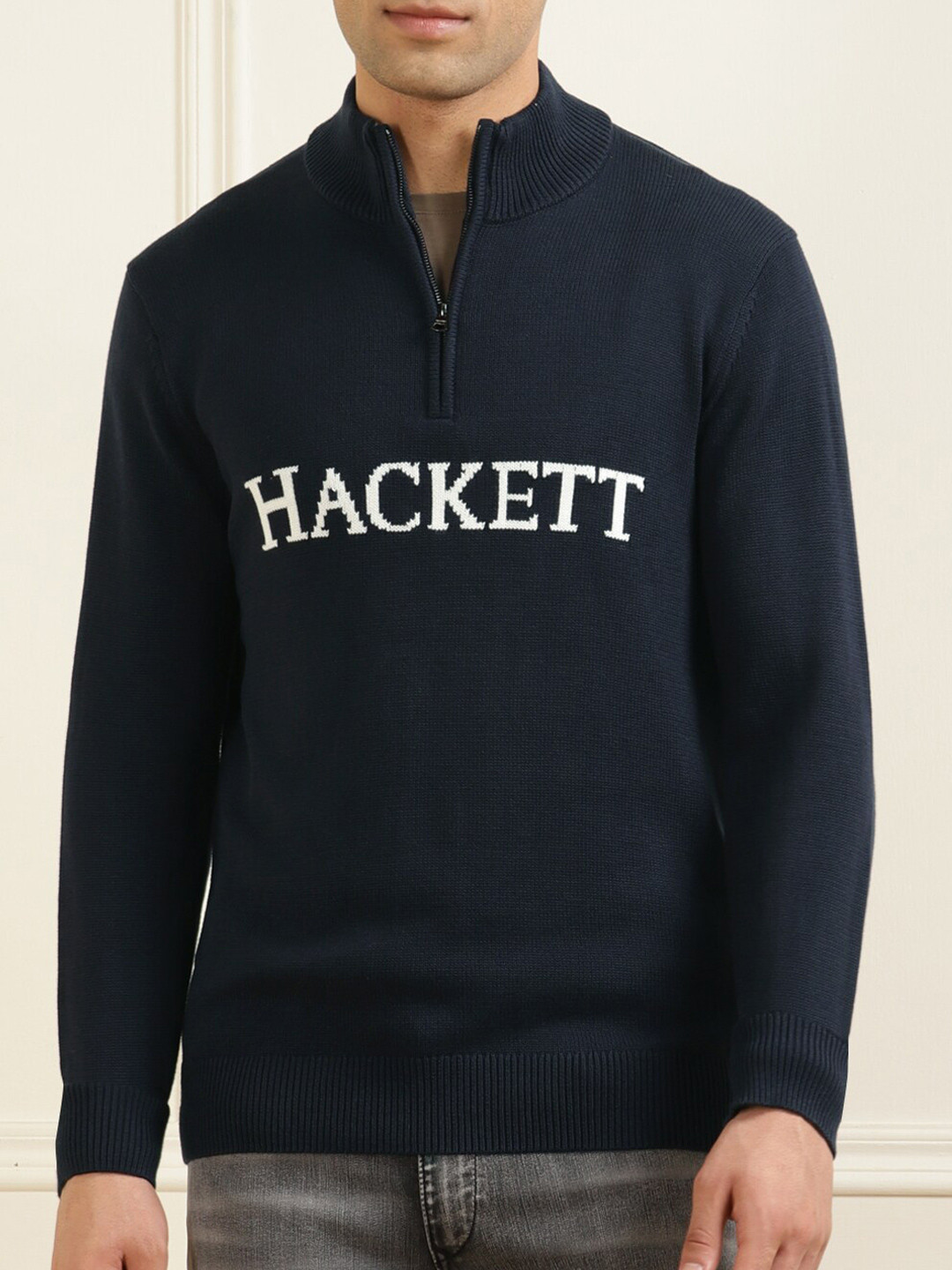 

HACKETT LONDON Men Self Design Mock Neck Pullover, Navy blue