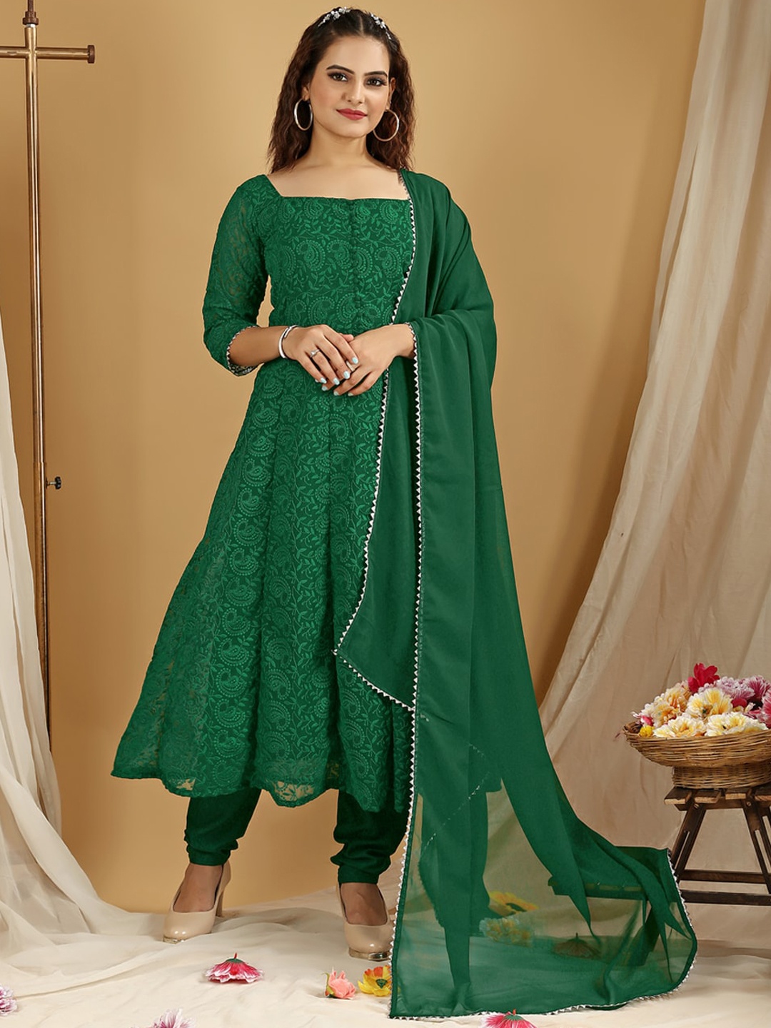 

Virah Fashion Women Paisley Embroidered Kurta with Churidar & With Dupatta, Green