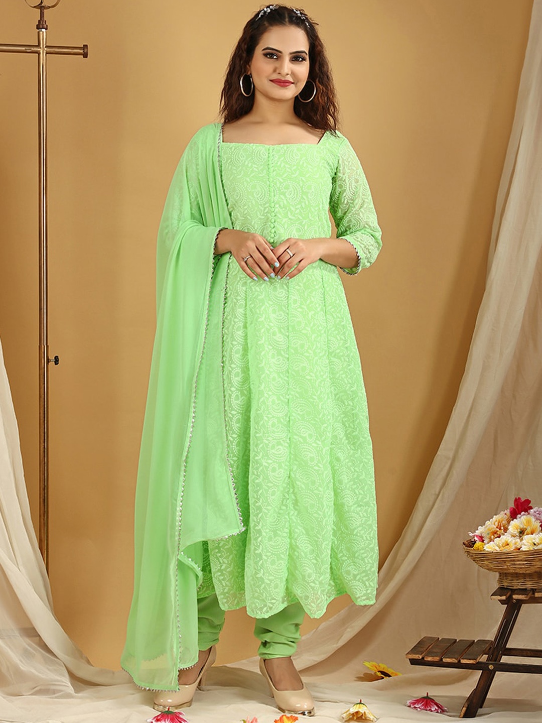 

Virah Fashion Women Floral Embroidered Gotta Patti Kurta With Churidar & Dupatta, Green