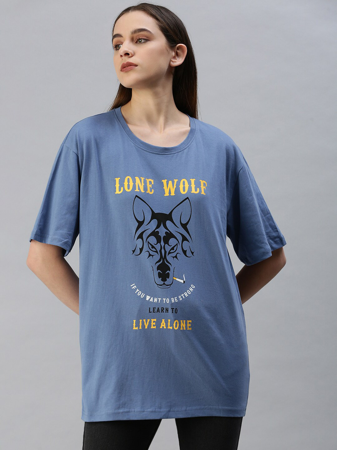 

Rodzen Women Graphic Printed Drop-Shoulder Sleeves Oversize T-shirt, Blue
