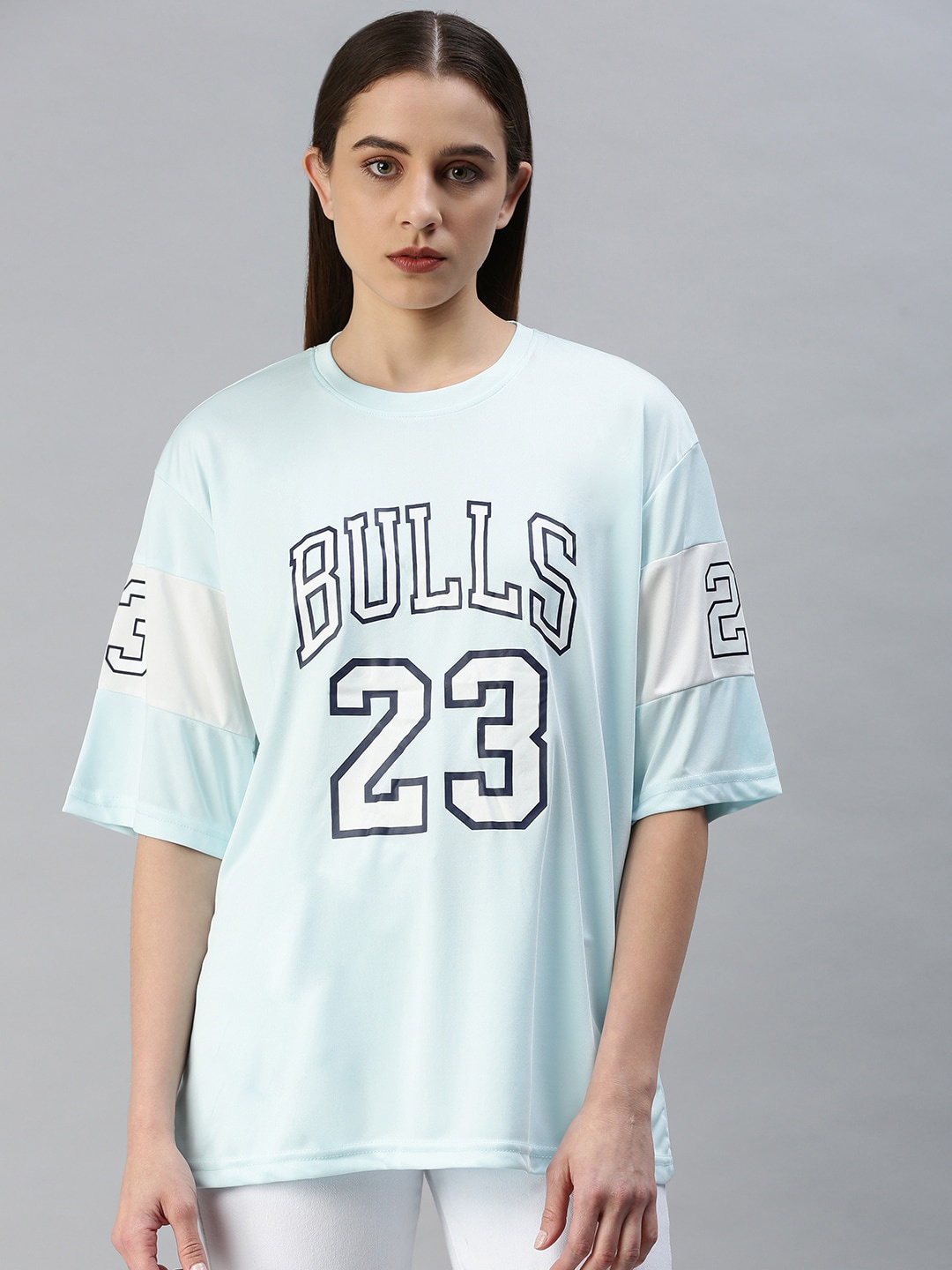 

Rodzen Women Typography Printed Drop-Shoulder Sleeves Oversize T-shirt, Blue