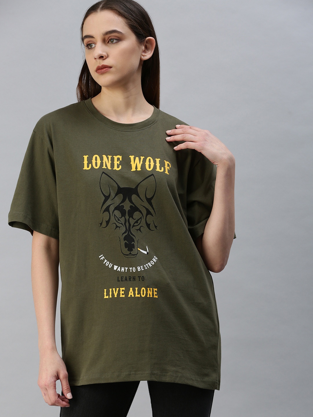 

Rodzen Women Graphic Printed Loose Cotton T-shirt, Olive