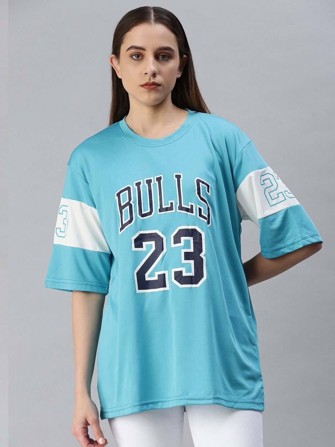 

Rodzen Women Green Typography Printed Oversize T-shirt, Blue