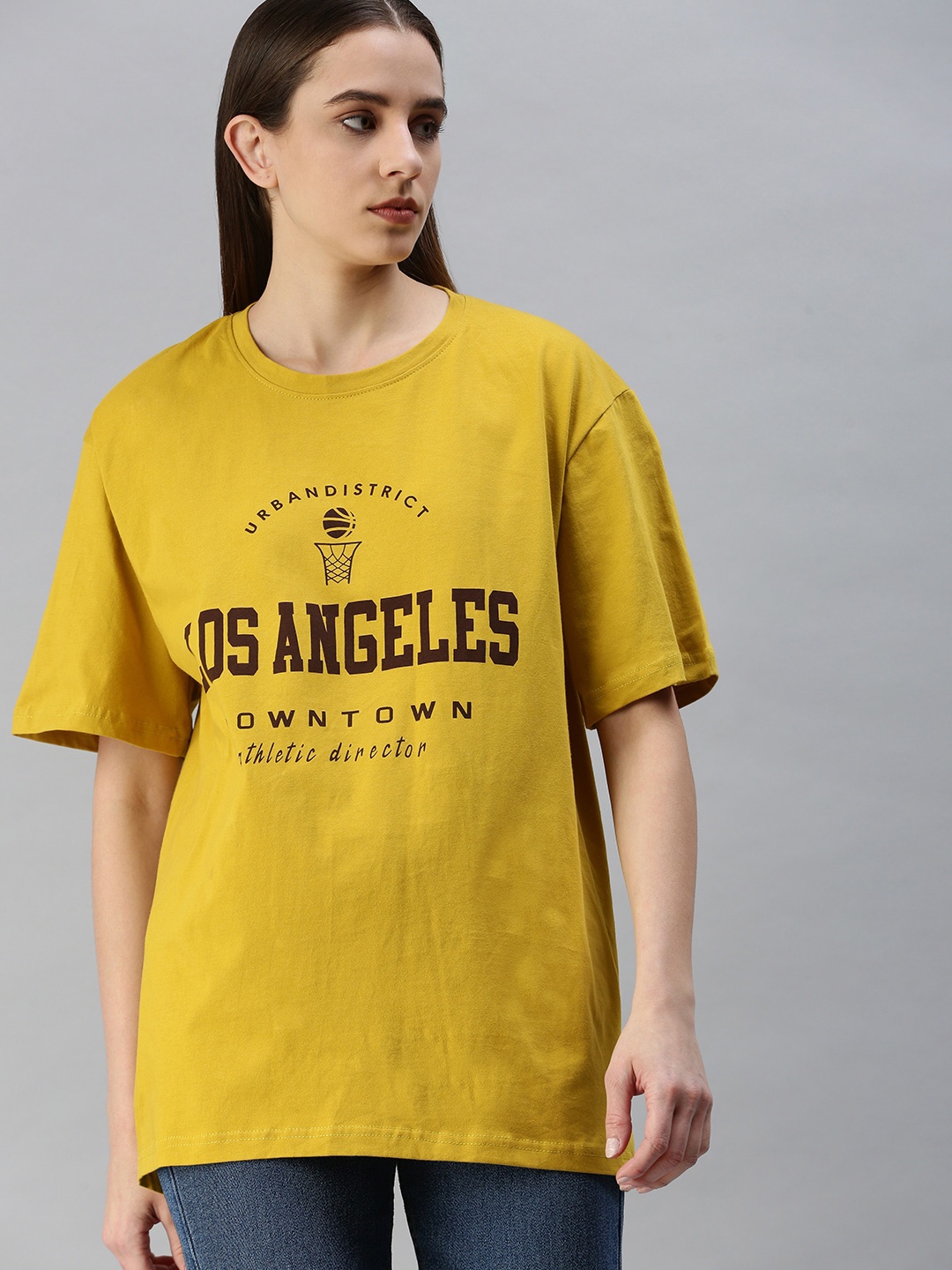 

Rodzen Women Typography Printed Loose Cotton T-shirt, Mustard