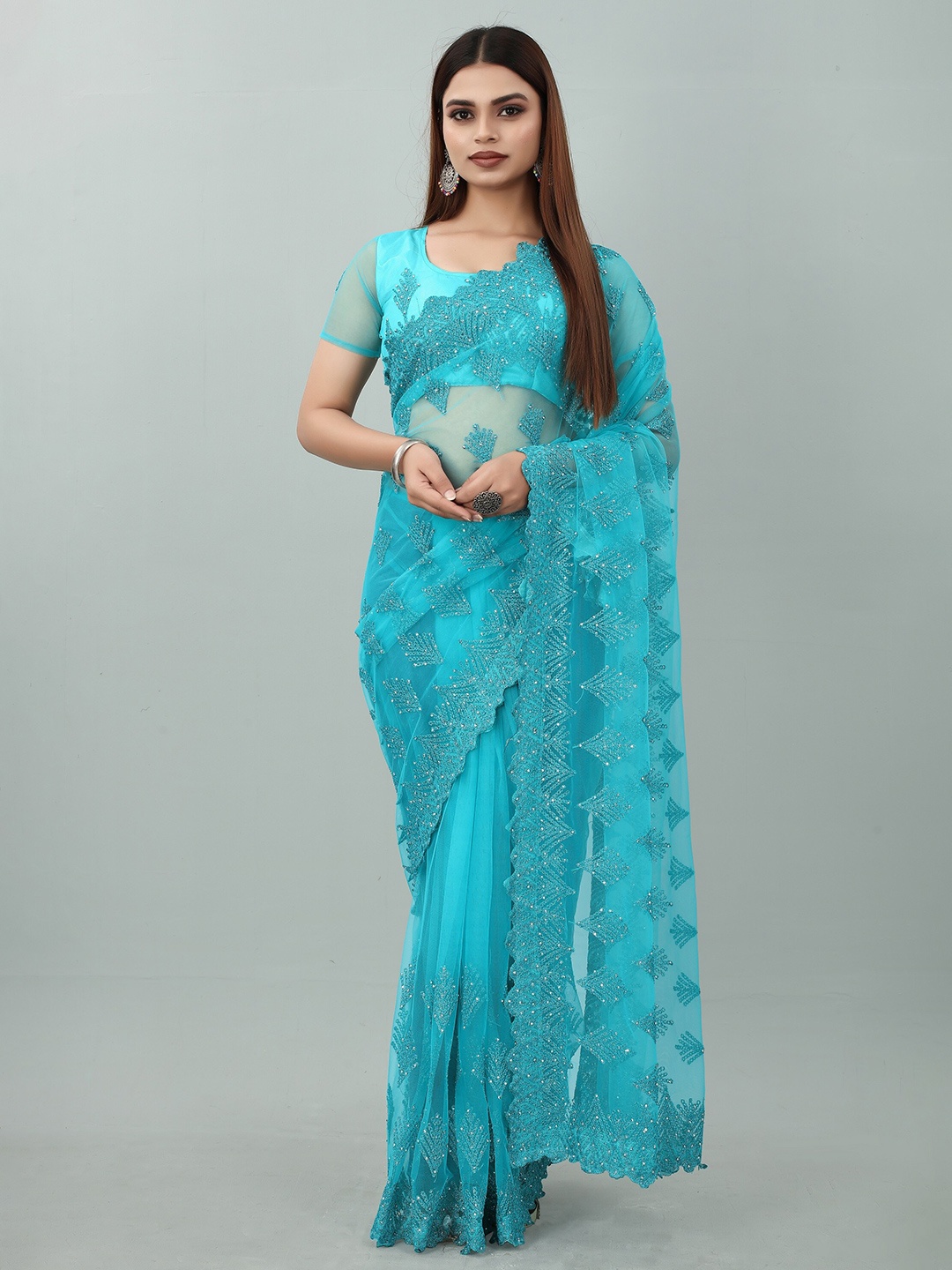 

JSItaliya Floral Embroidered Sequinned Net Saree, Blue