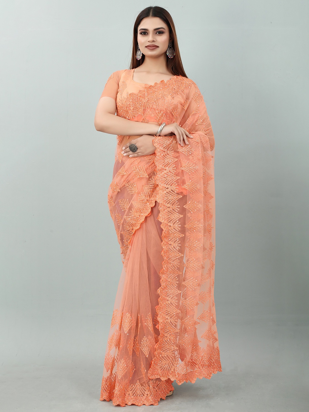 

JSItaliya Floral Embroidered Sequinned Net Saree, Orange
