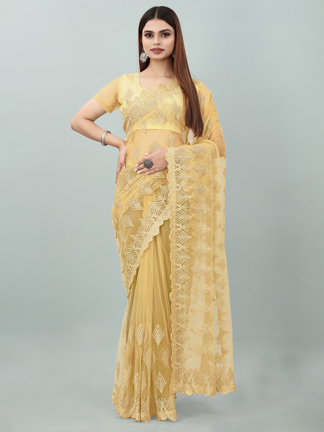 

JSItaliya Floral Embroidered Sequinned Net Saree, Beige