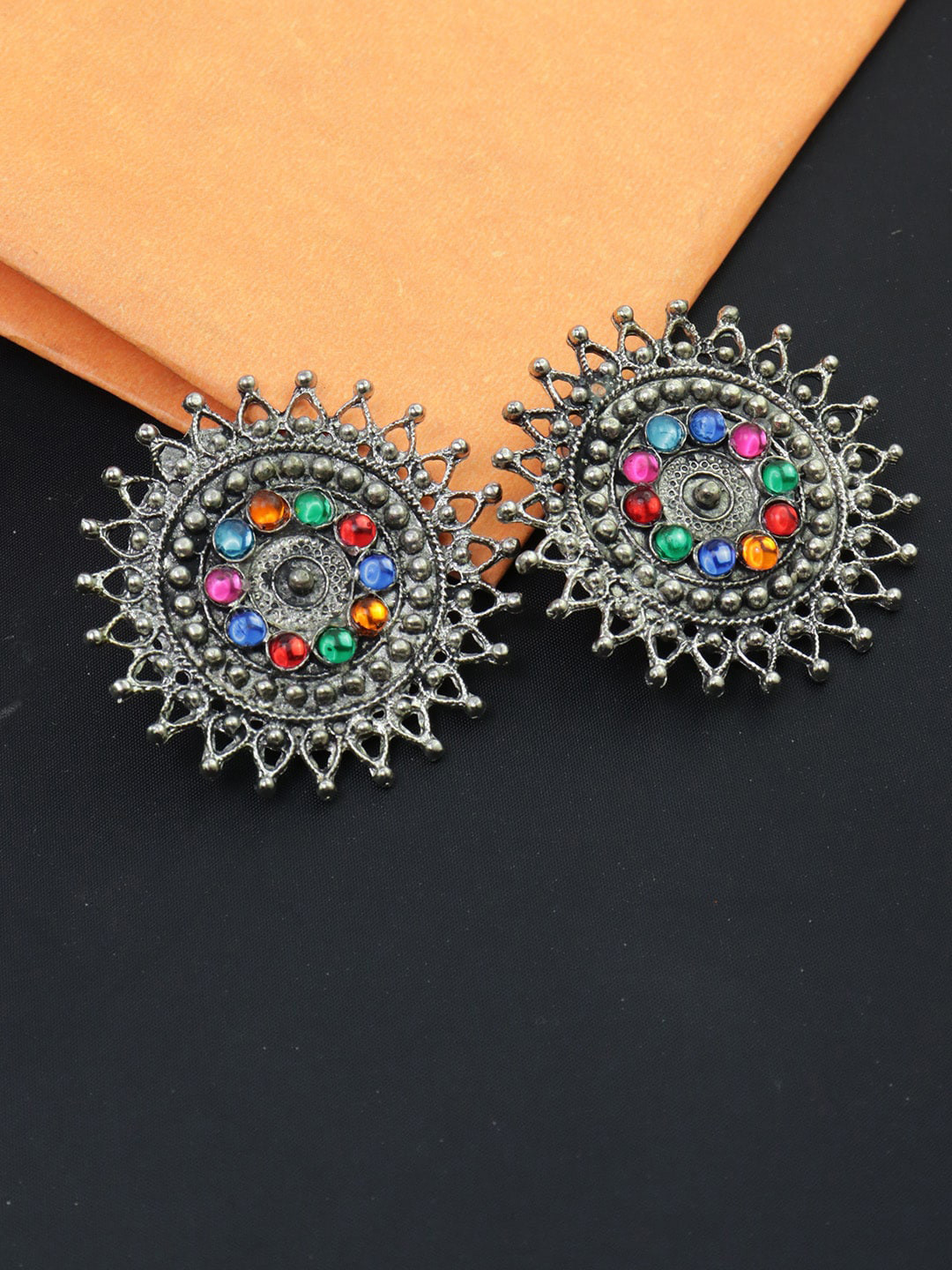 

VAGHBHATT Circular Oxidised Stud Earrings, Blue