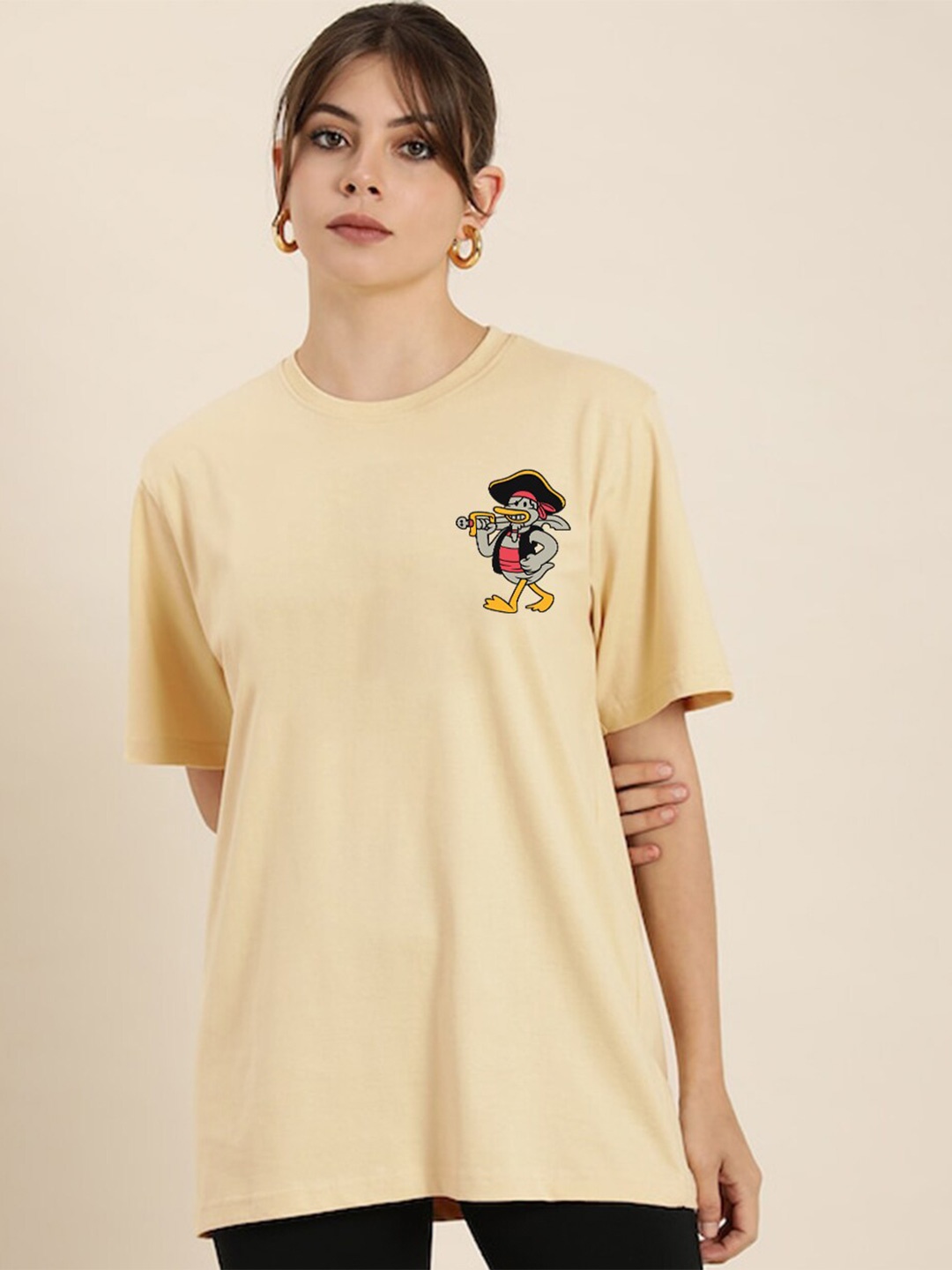 

JUNEBERRY Women Printed Oversize Cotton T-shirt, Beige
