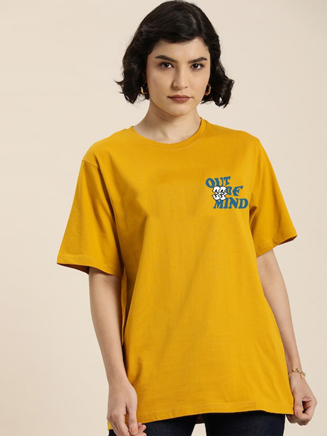 

JUNEBERRY Women Typography Printed Oversize T-shirt, Yellow