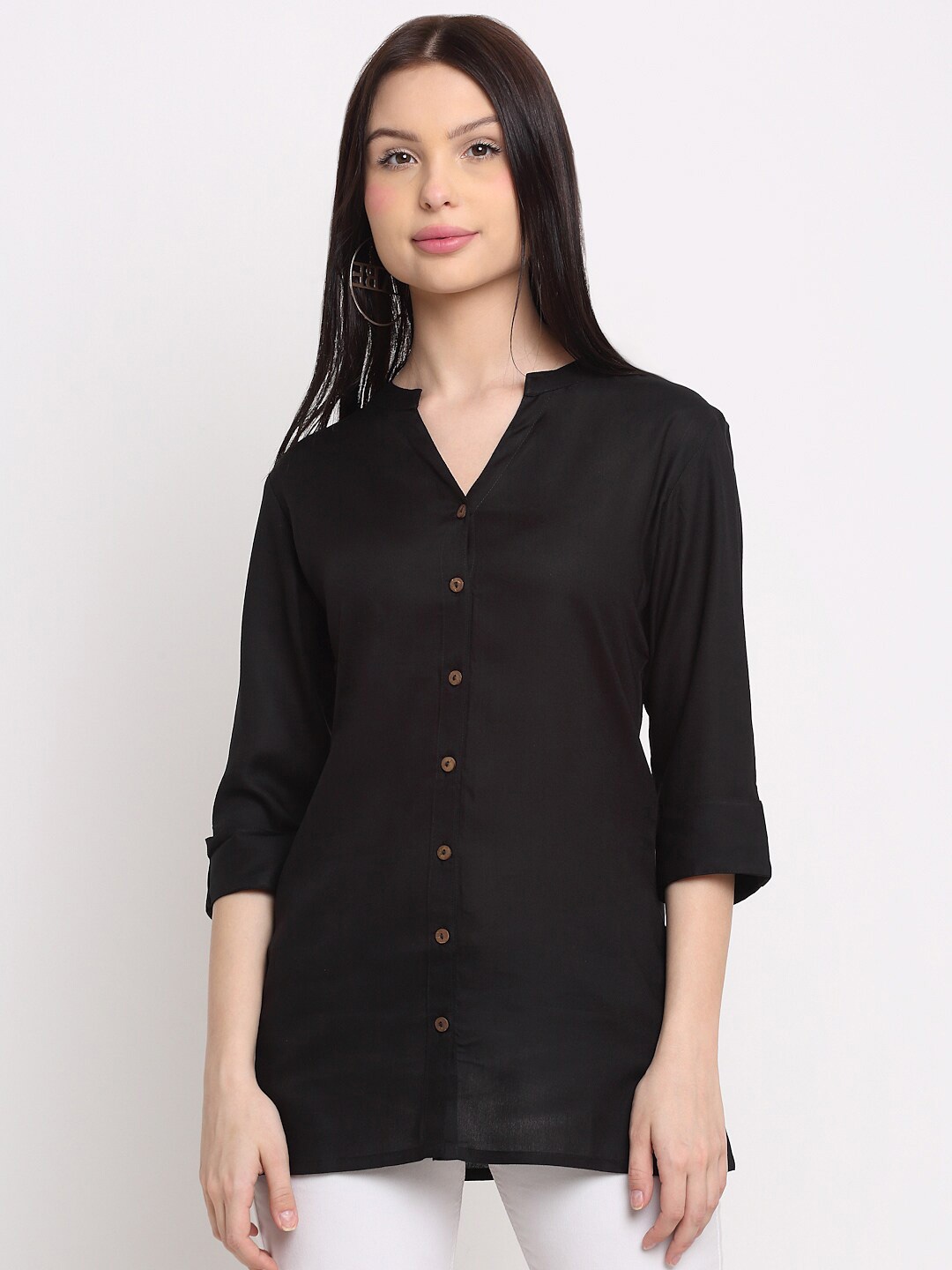 

DORIYA Women Mandarin Collar Kurti, Black